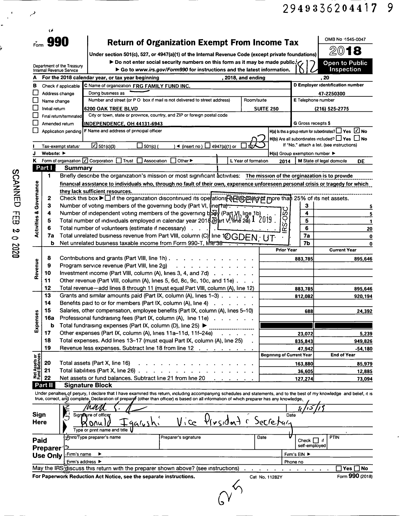 Image of first page of 2018 Form 990 for FRG Family Fund