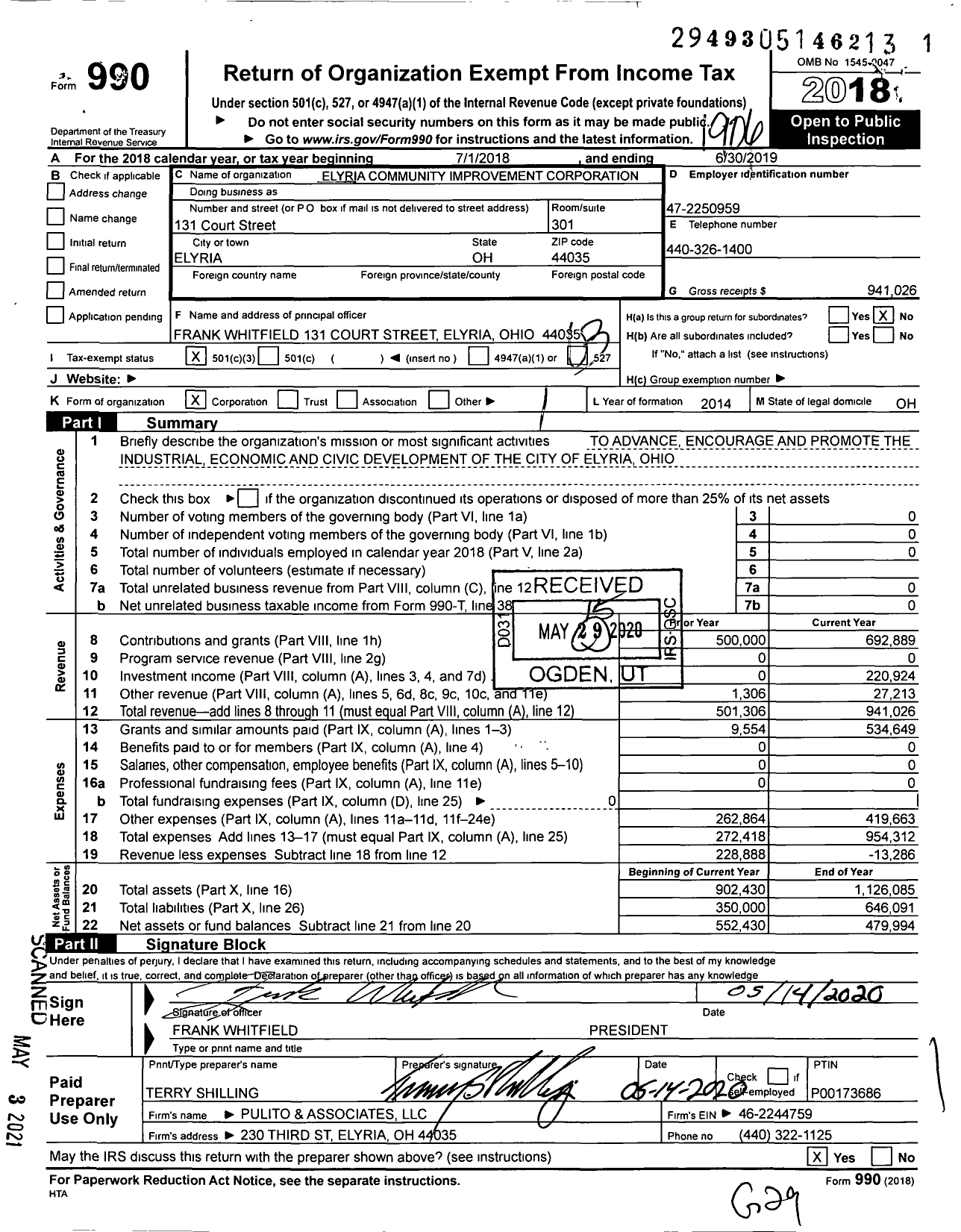 Image of first page of 2018 Form 990 for Elyria Community Improvement Corporation