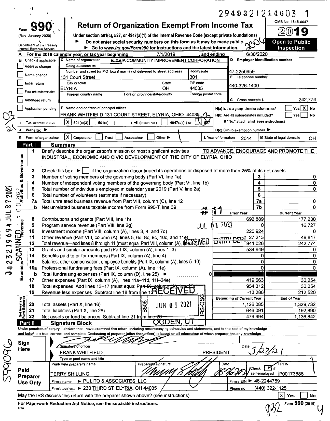 Image of first page of 2019 Form 990 for Elyria Community Improvement Corporation