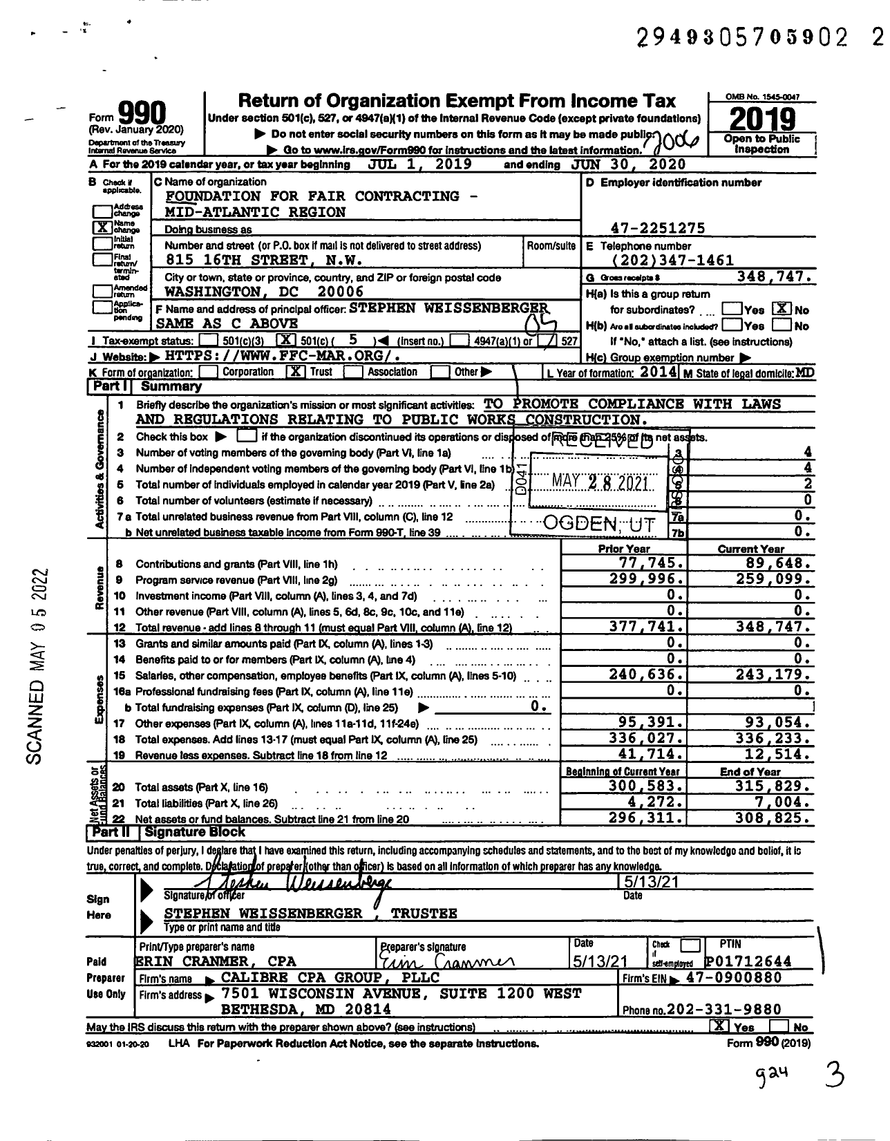 Image of first page of 2019 Form 990O for Foundation for Fair Contracting - Mid-Atlantic Region