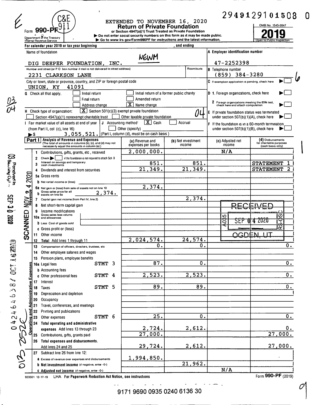 Image of first page of 2019 Form 990PF for Dig Deeper Foundation