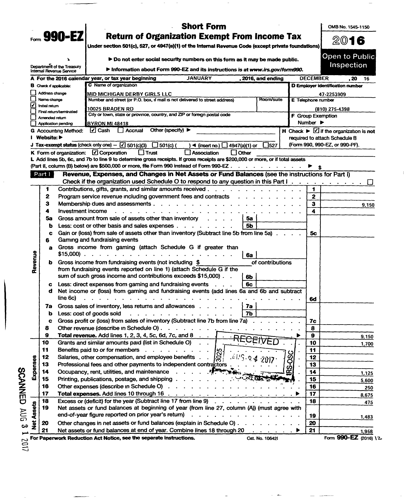 Image of first page of 2016 Form 990EZ for Mid Michigan Derby Girls LLC