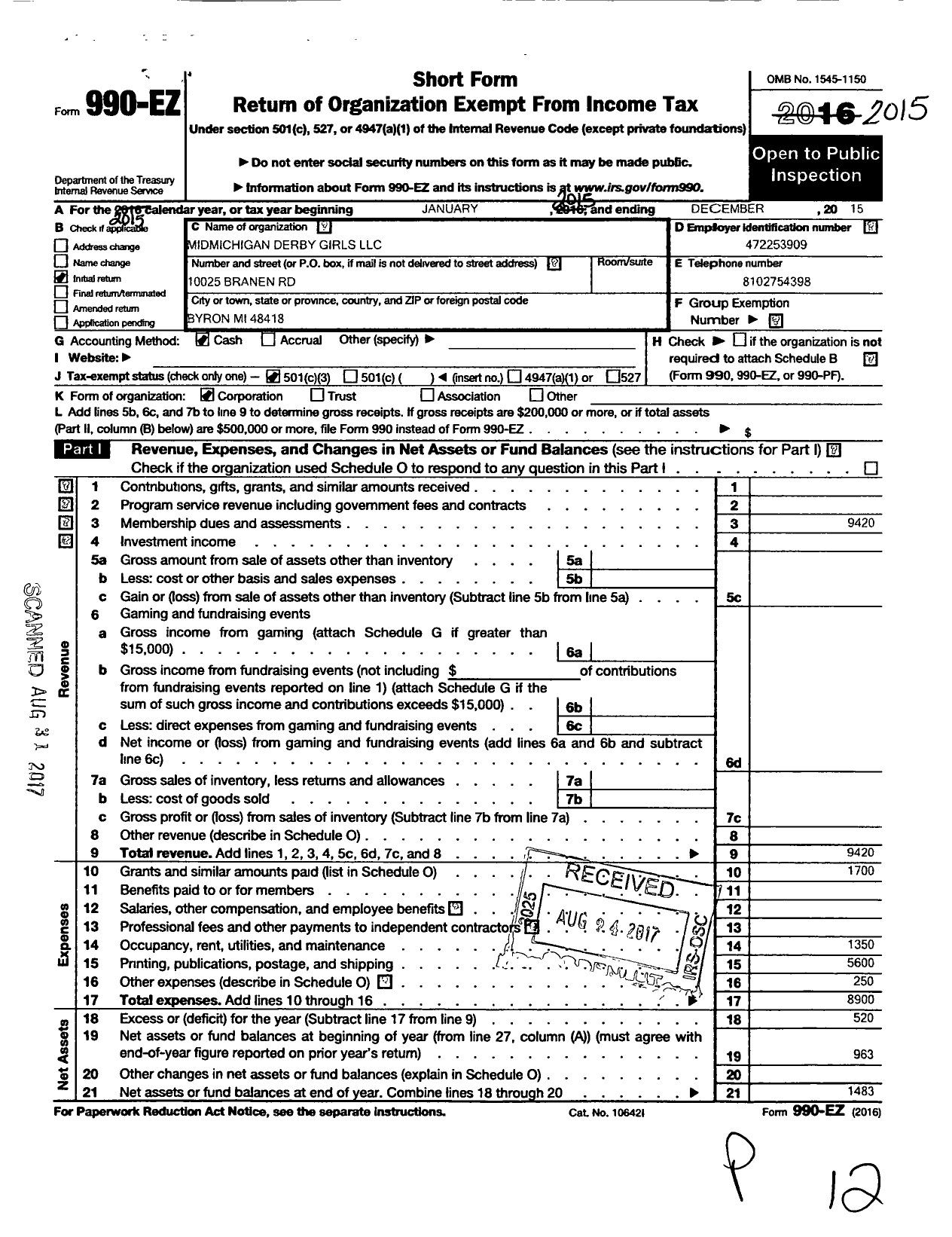 Image of first page of 2015 Form 990EZ for Mid Michigan Derby Girls LLC