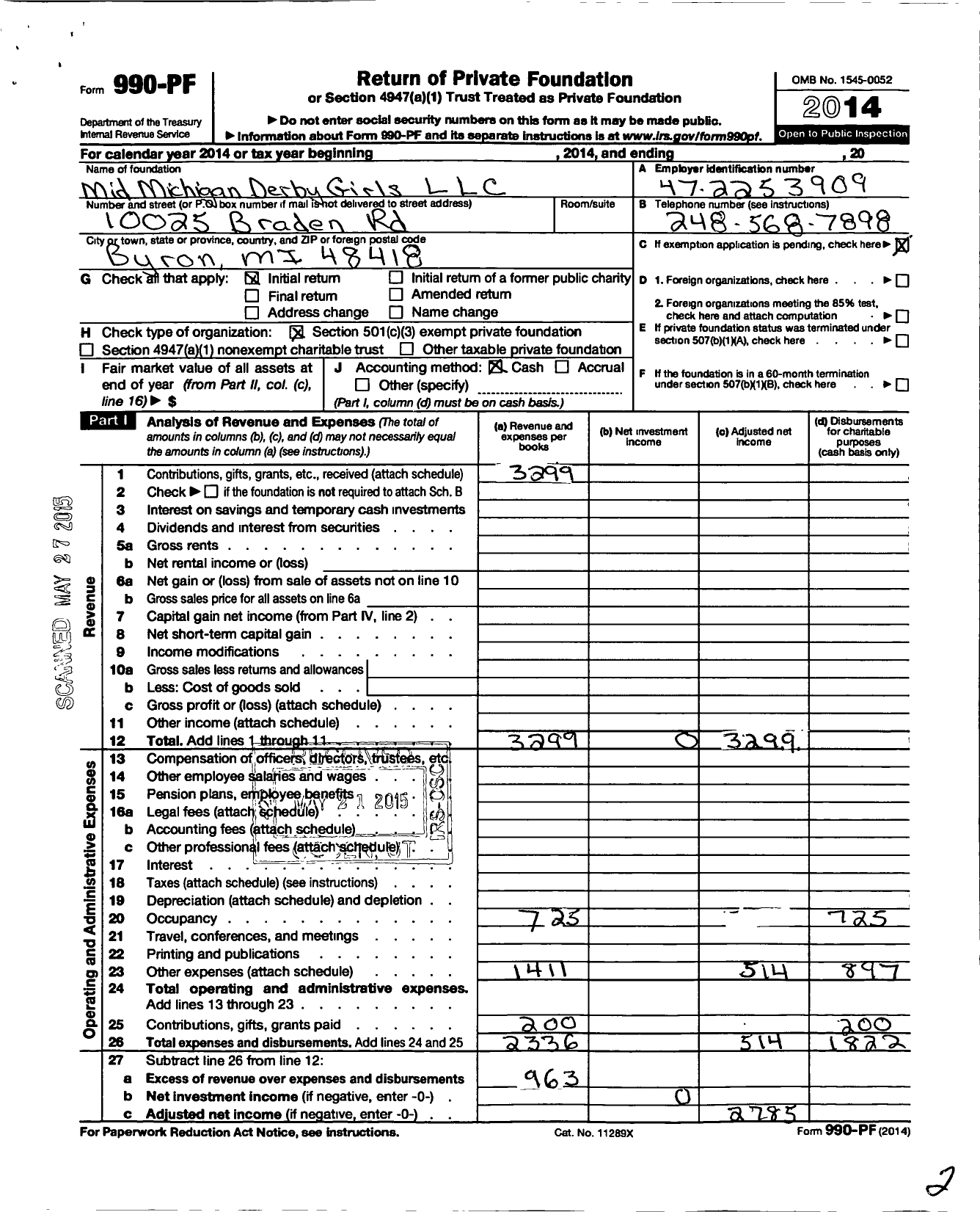 Image of first page of 2014 Form 990PF for Mid Michigan Derby Girls LLC