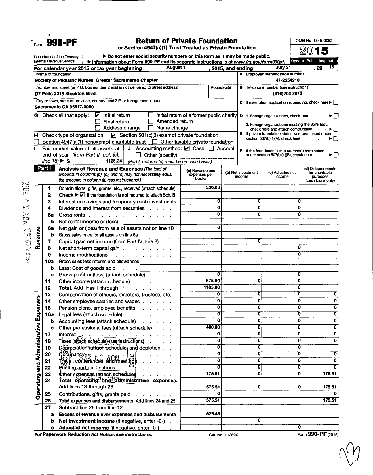 Image of first page of 2015 Form 990PF for Society of Pediatric Nurses / Greater Sacramento Chapter