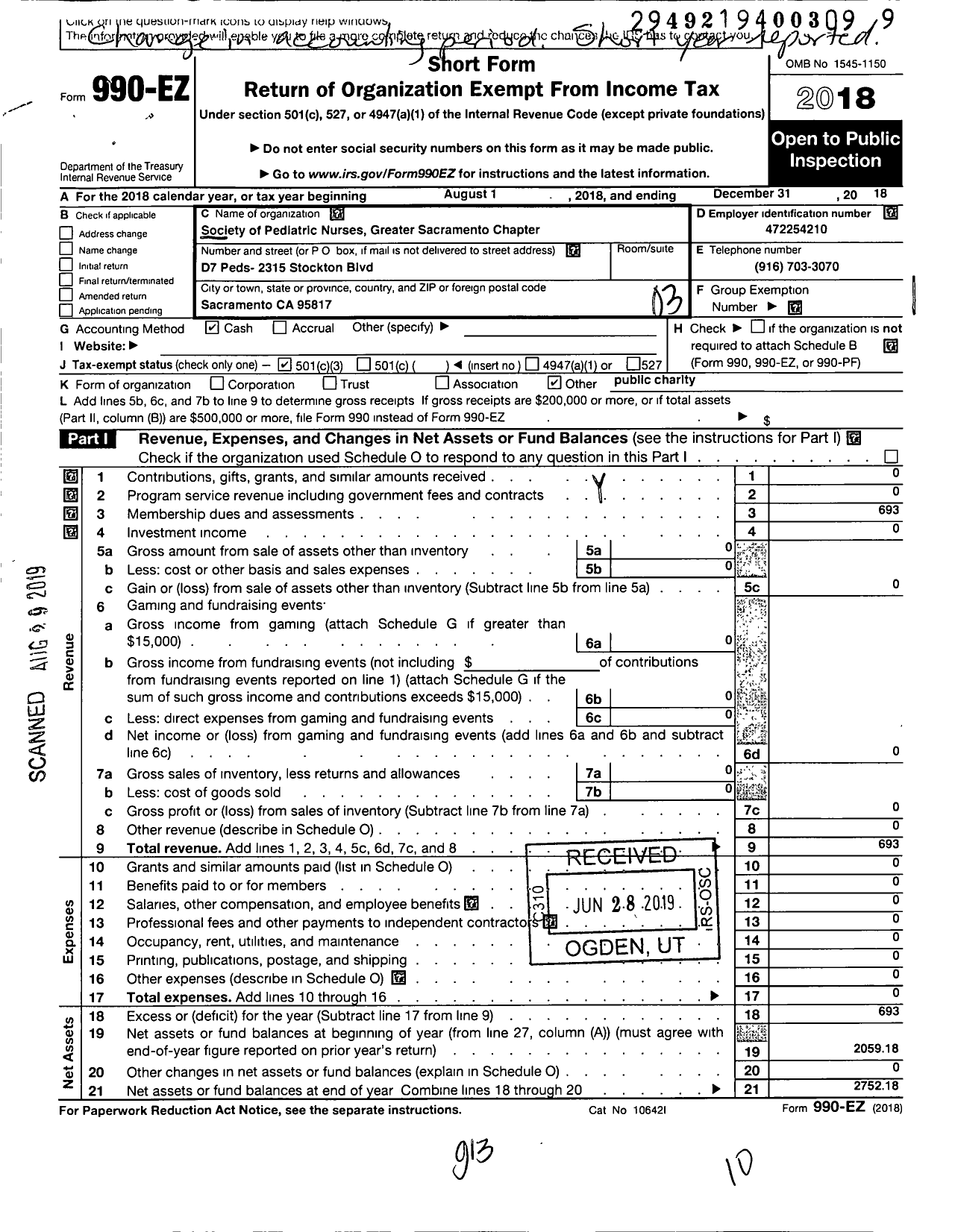 Image of first page of 2018 Form 990EZ for Society of Pediatric Nurses / Greater Sacramento Chapter