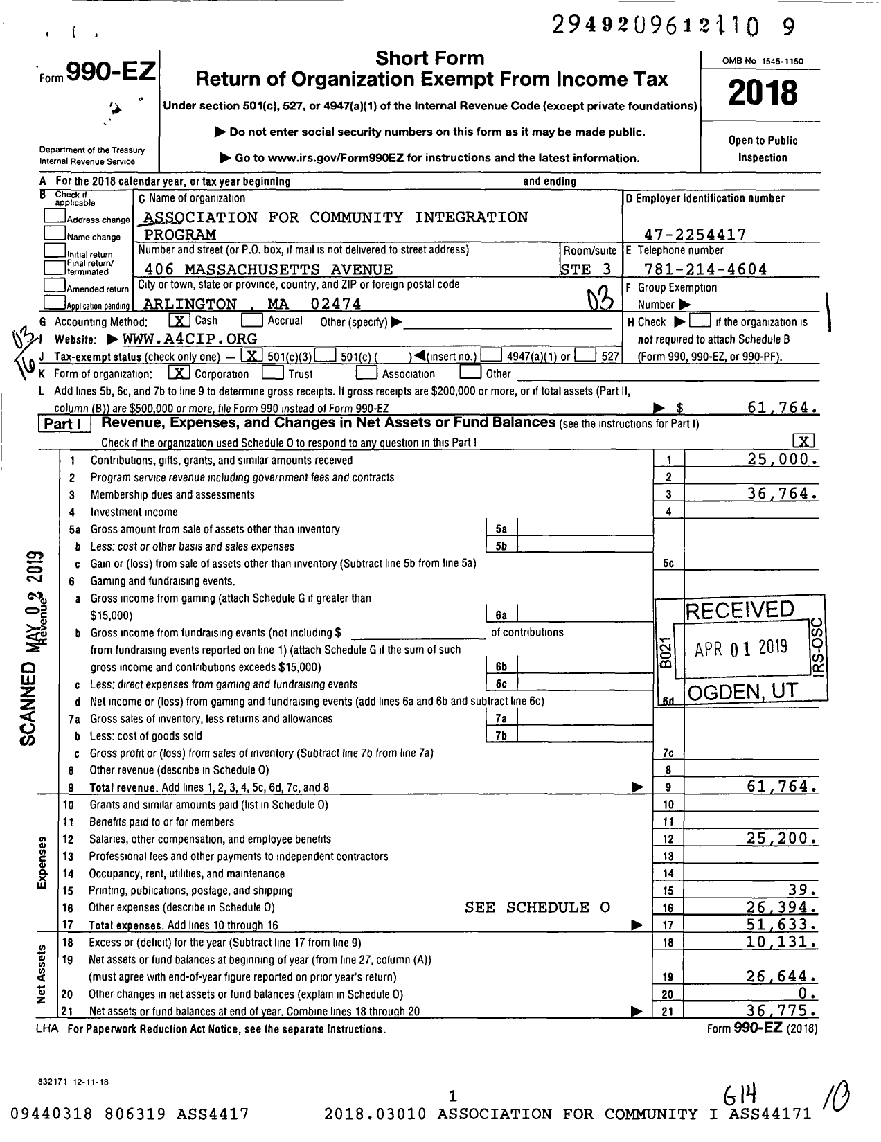 Image of first page of 2018 Form 990EZ for Association for Community Integration Programs