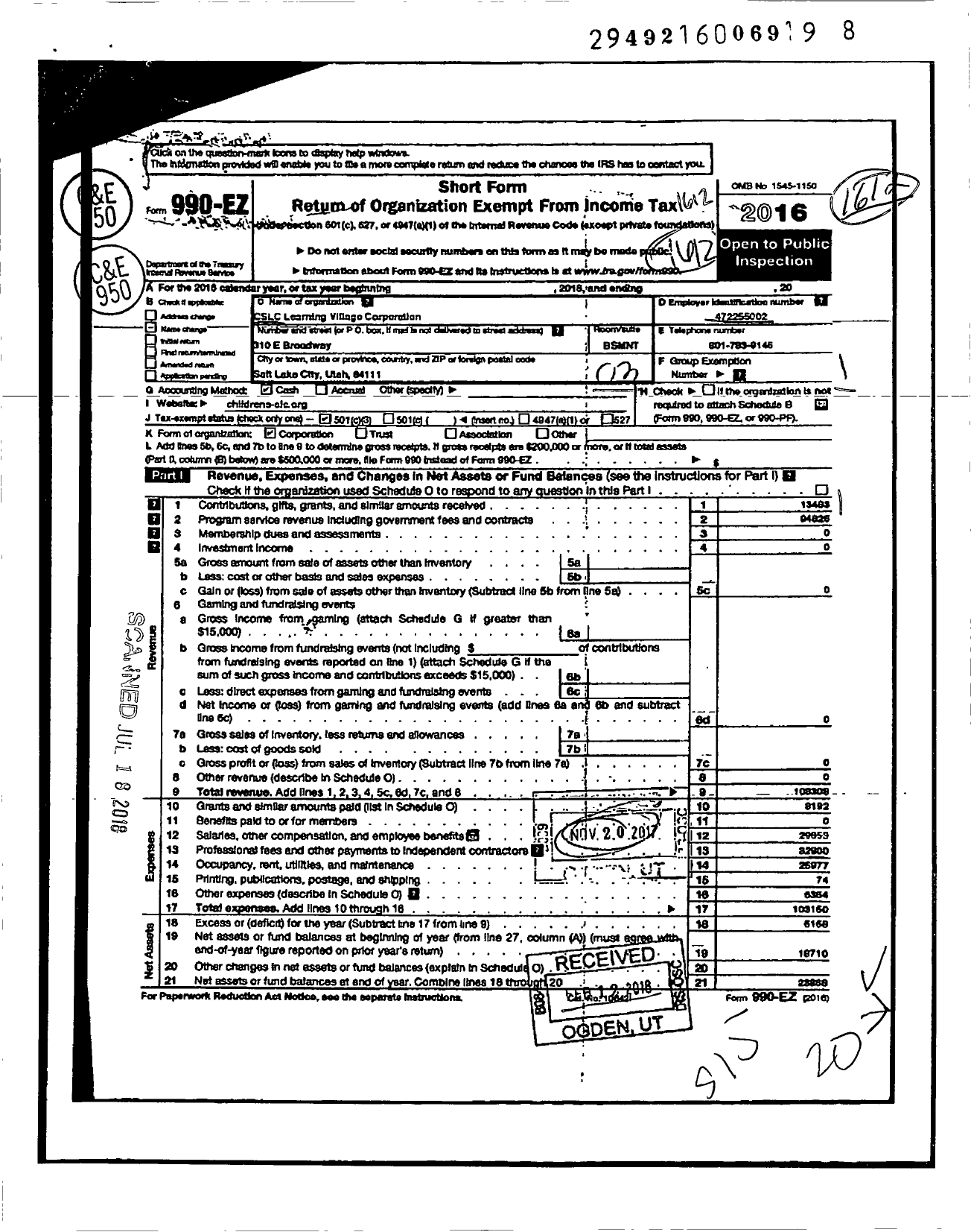 Image of first page of 2016 Form 990EZ for CSLC Learning Village Corporation