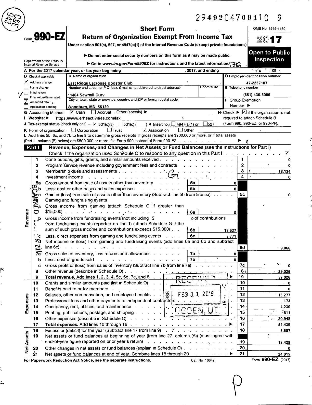 Image of first page of 2017 Form 990EZ for East Ridge Lacrosse Booster Club