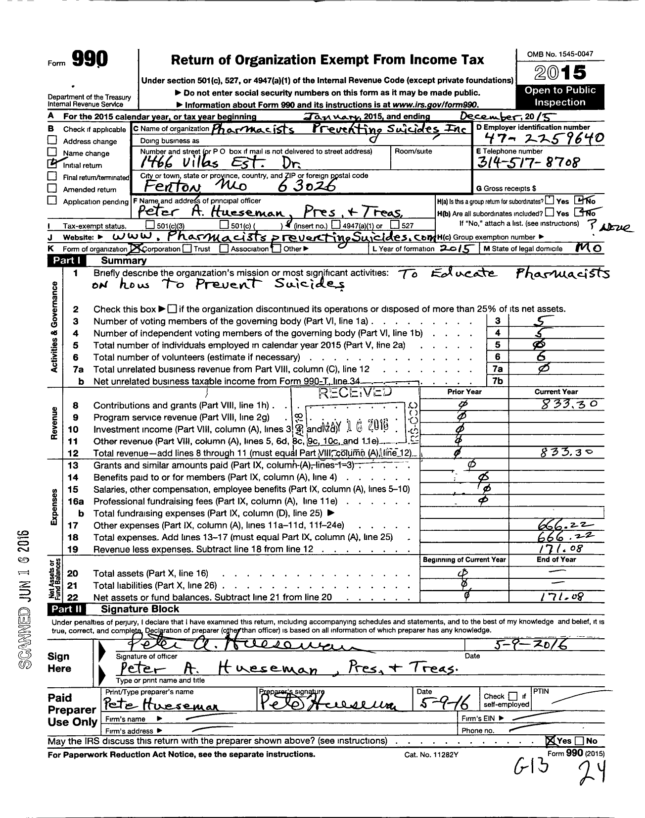 Image of first page of 2015 Form 990O for Pharmacists Preventing Suicides (PPS)