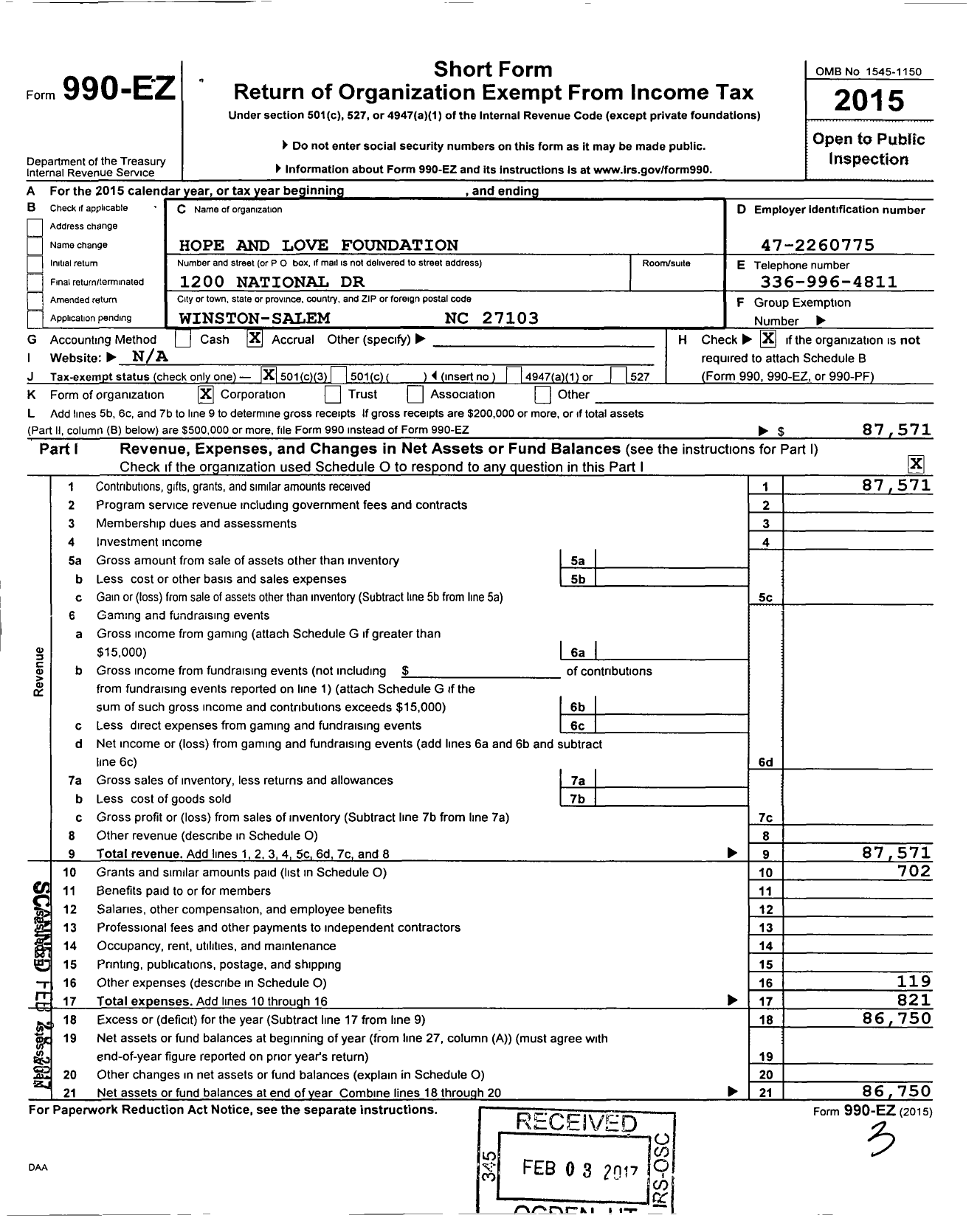 Image of first page of 2015 Form 990EZ for Hope and Love Foundation