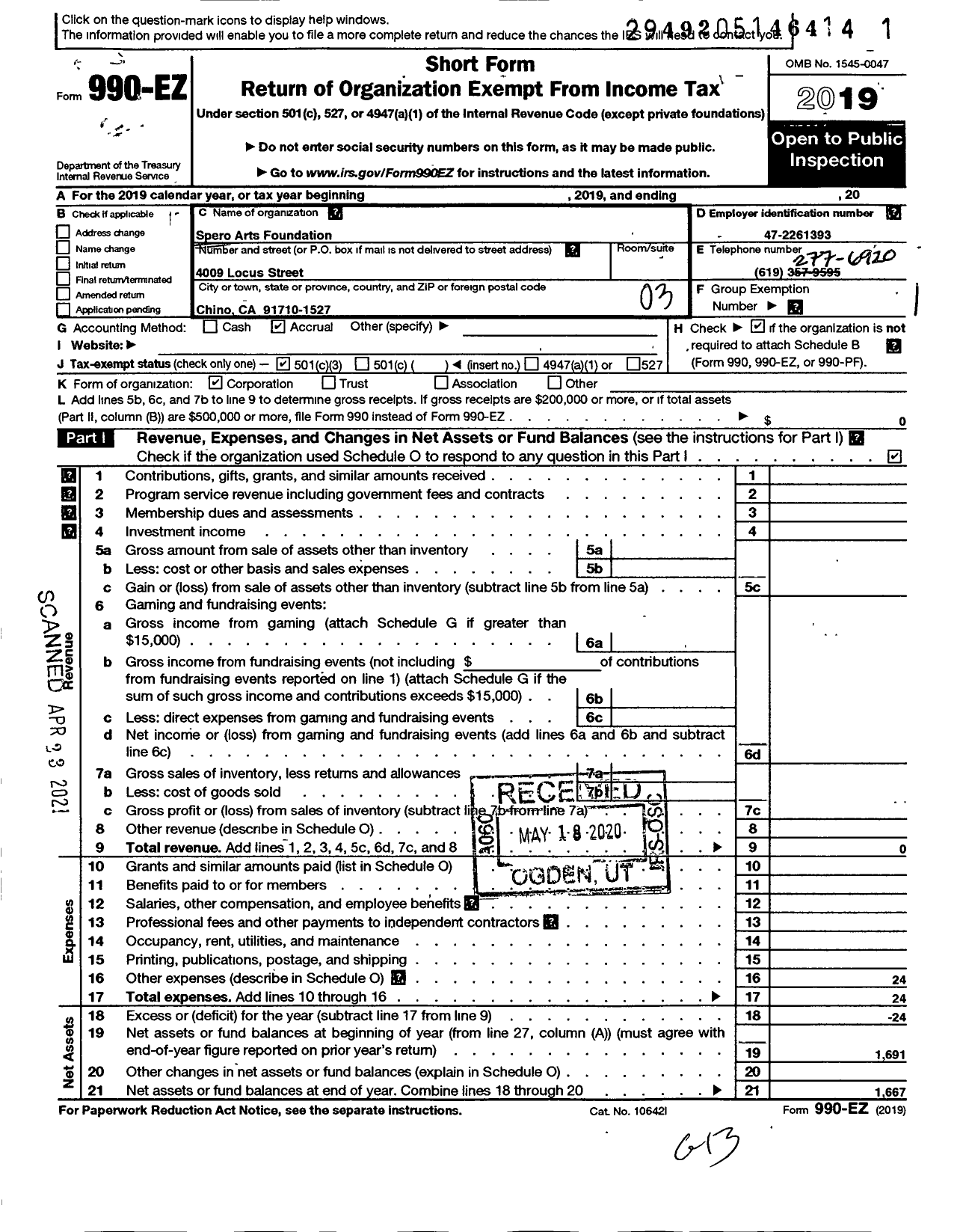 Image of first page of 2019 Form 990EZ for Spero Arts Foundation