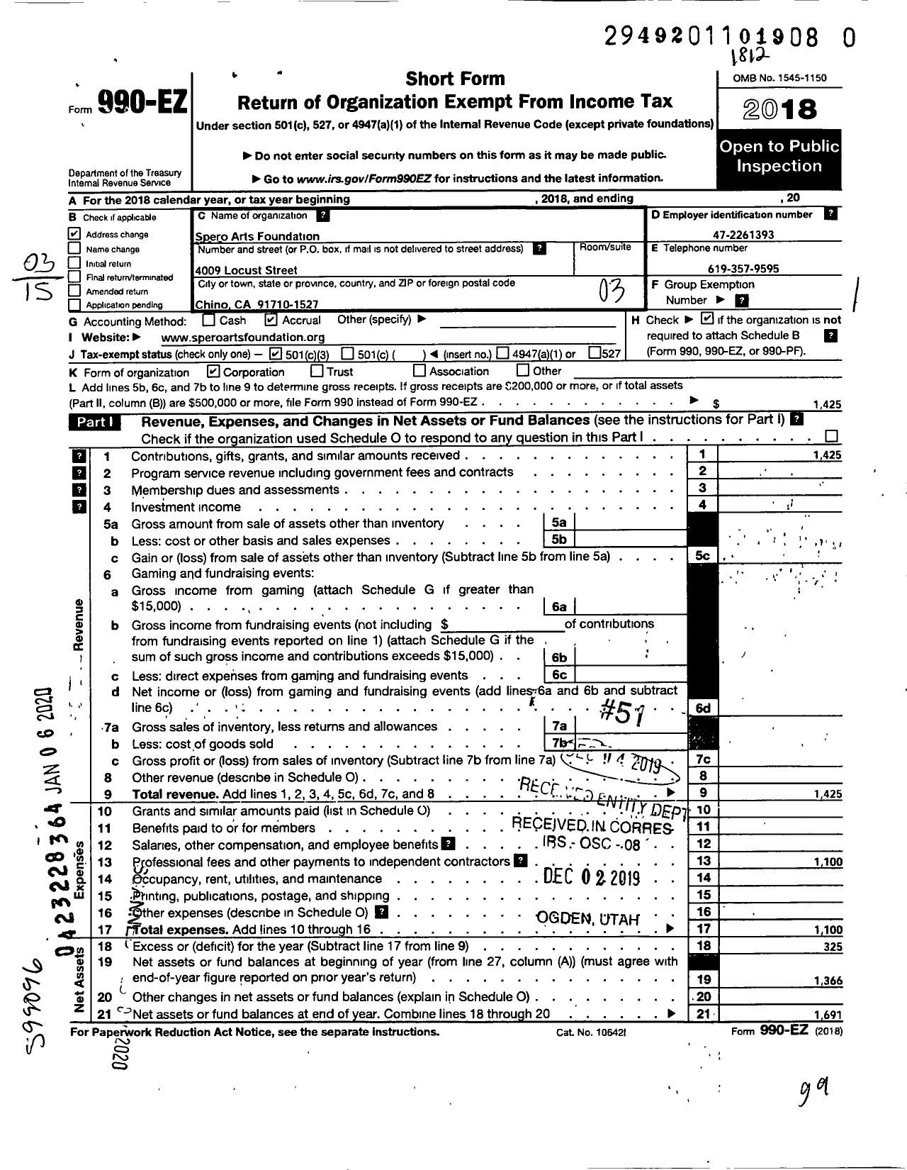 Image of first page of 2018 Form 990EZ for Spero Arts Foundation