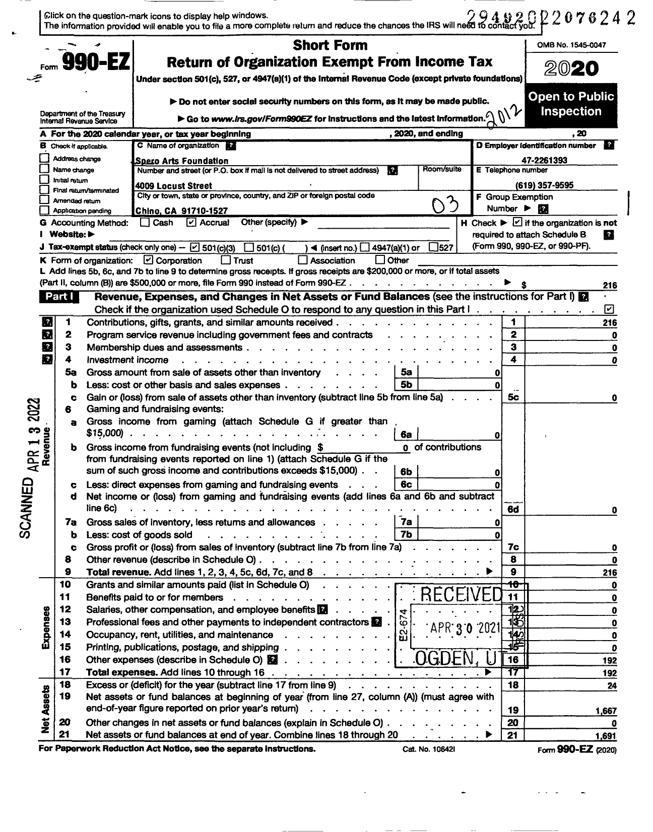 Image of first page of 2020 Form 990EZ for Spero Arts Foundation