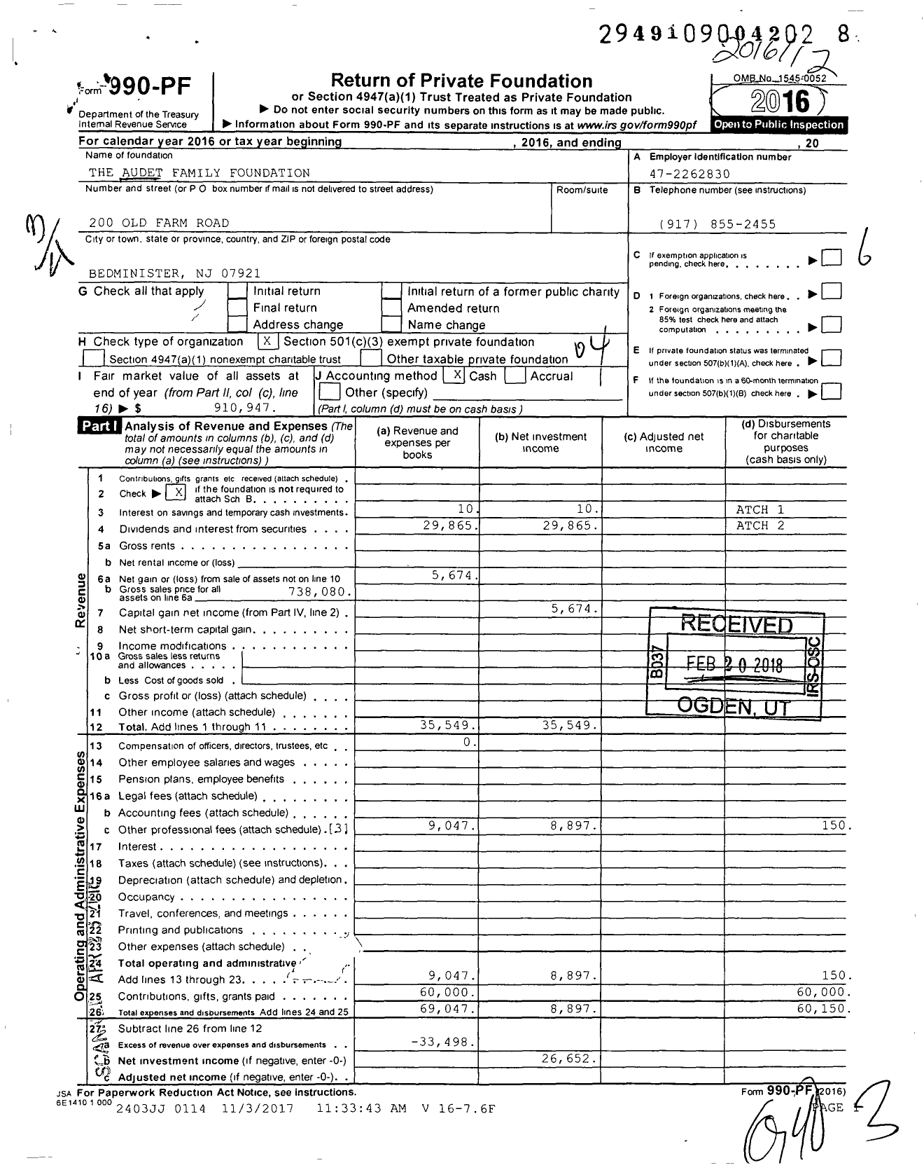 Image of first page of 2016 Form 990PF for The Audet Family Foundation