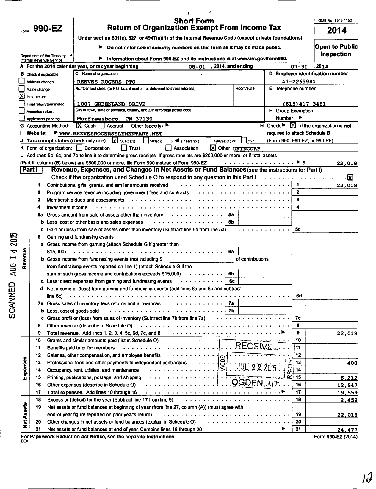 Image of first page of 2013 Form 990EZ for Reeves-Rogers Pto