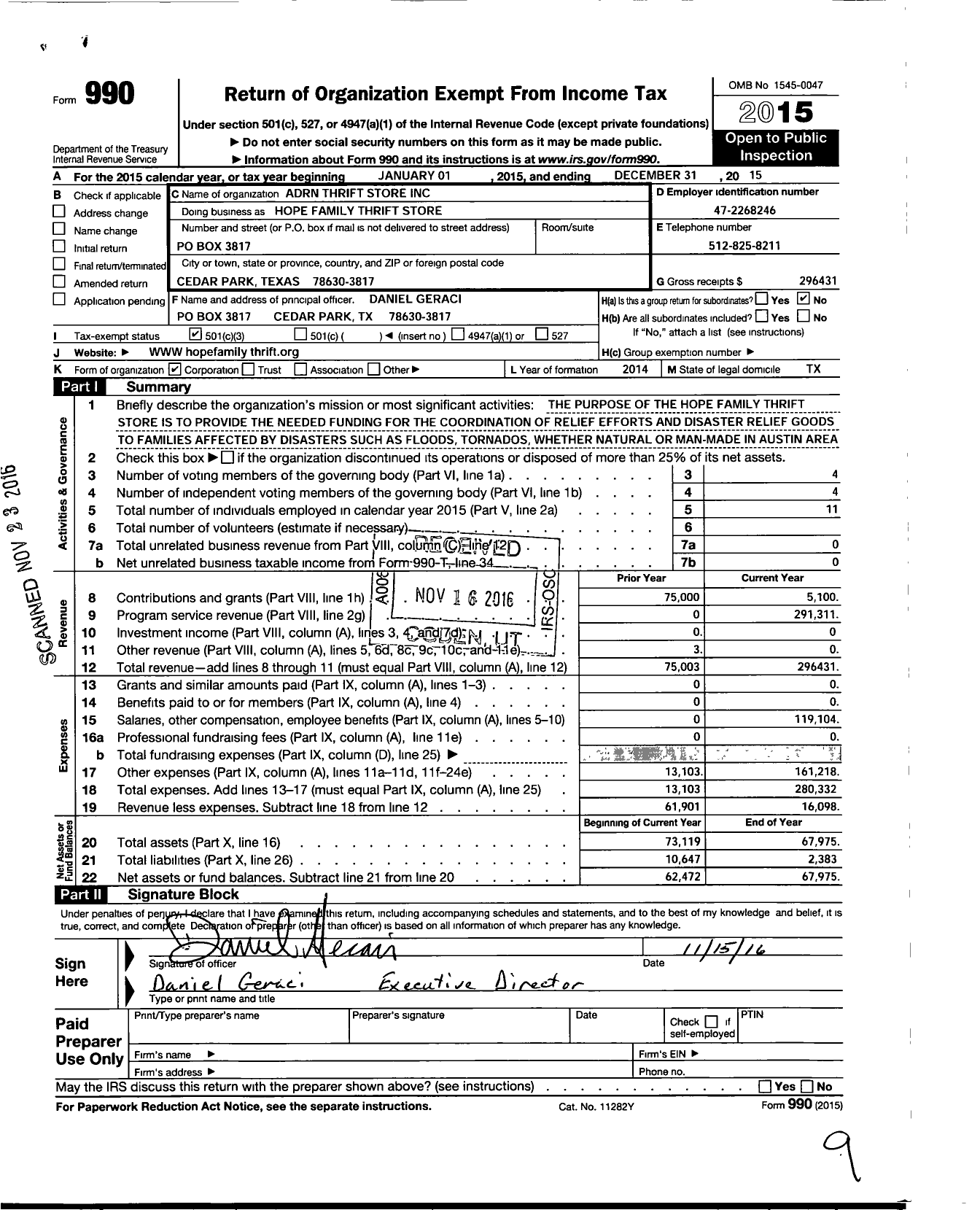 Image of first page of 2015 Form 990 for Hope Family Thrift Store