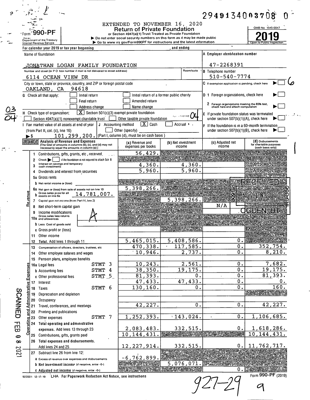 Image of first page of 2019 Form 990PF for Jonathan Logan Family Foundation