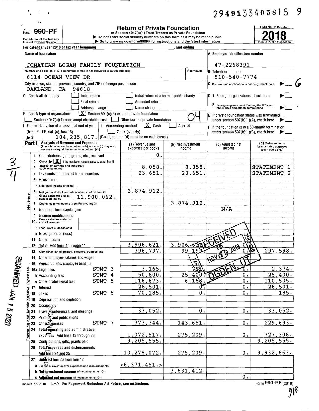 Image of first page of 2018 Form 990PF for Jonathan Logan Family Foundation