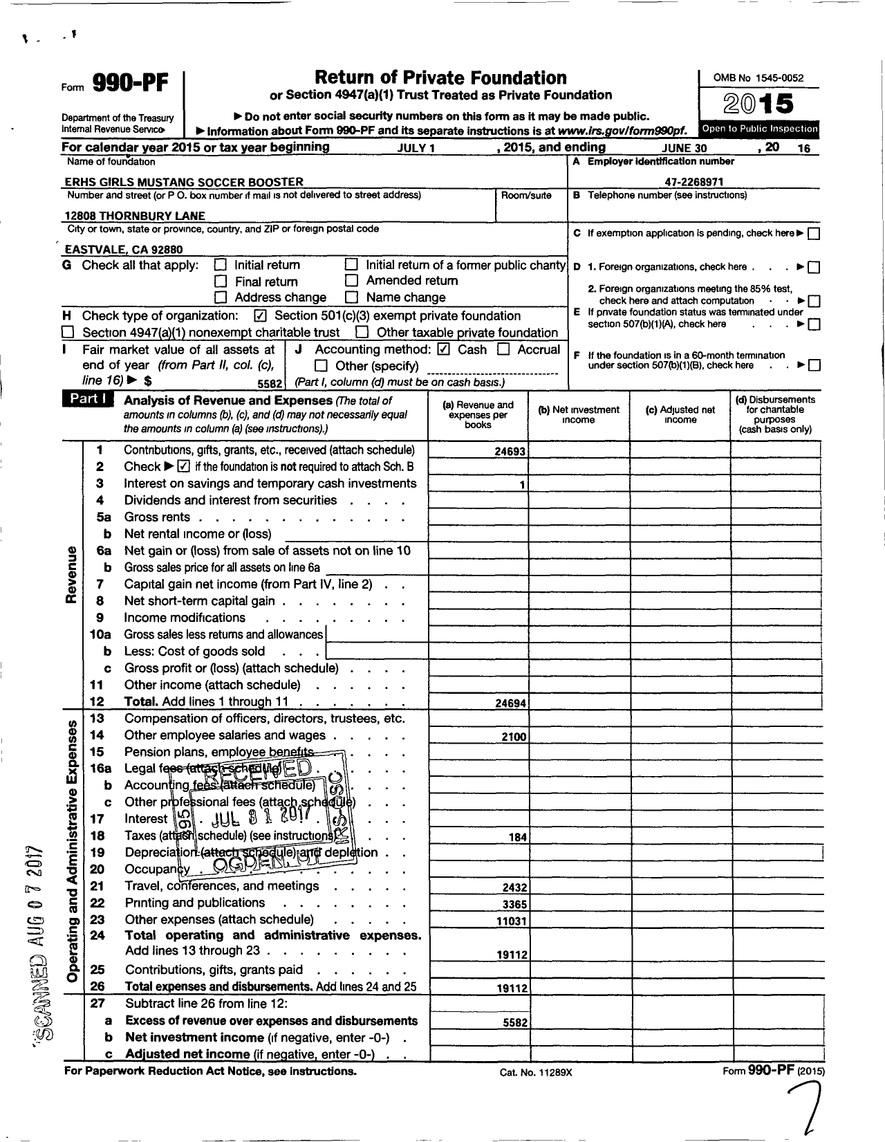 Image of first page of 2015 Form 990PF for Erhs Girls Mustang Soccer Booster