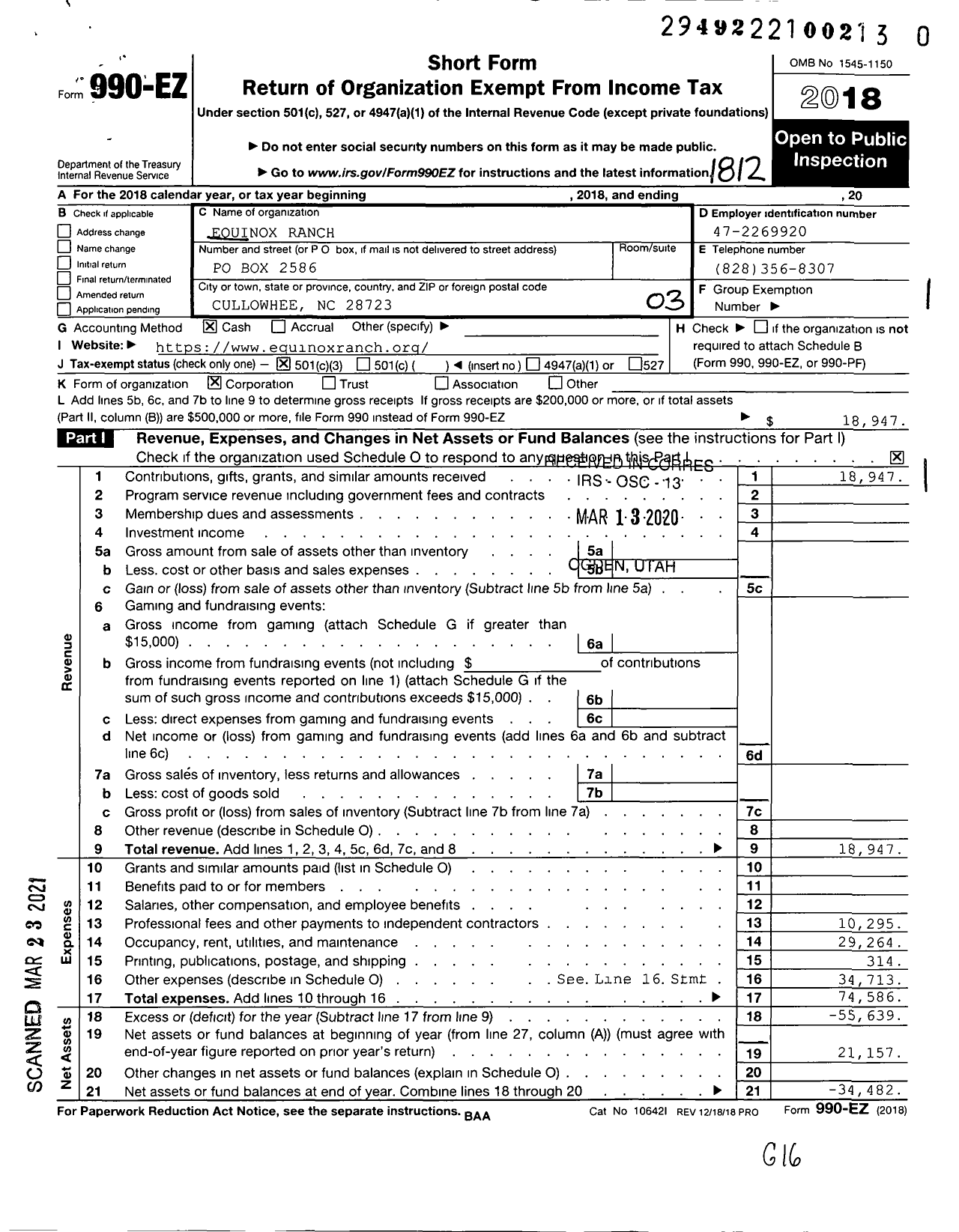 Image of first page of 2018 Form 990EZ for Equinox Ranch