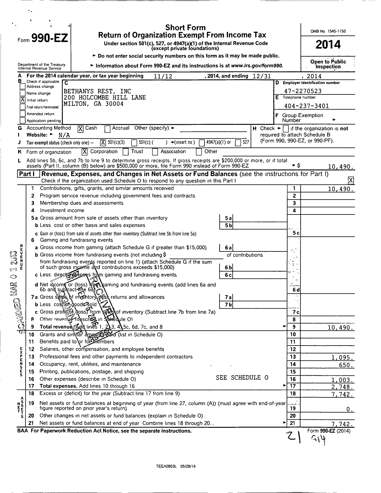 Image of first page of 2014 Form 990EZ for Bethanys Rest