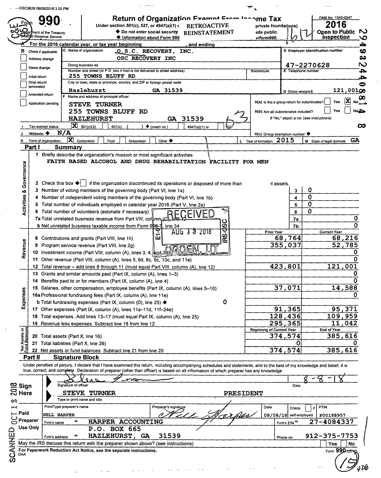 Image of first page of 2016 Form 990 for Osc Recovery Osc Recovery