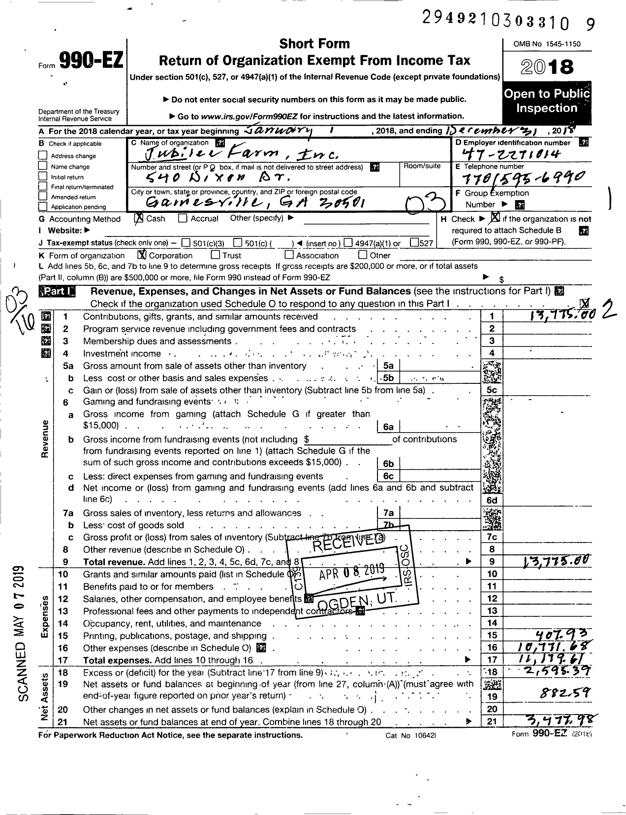 Image of first page of 2018 Form 990EZ for Jubilee Farm