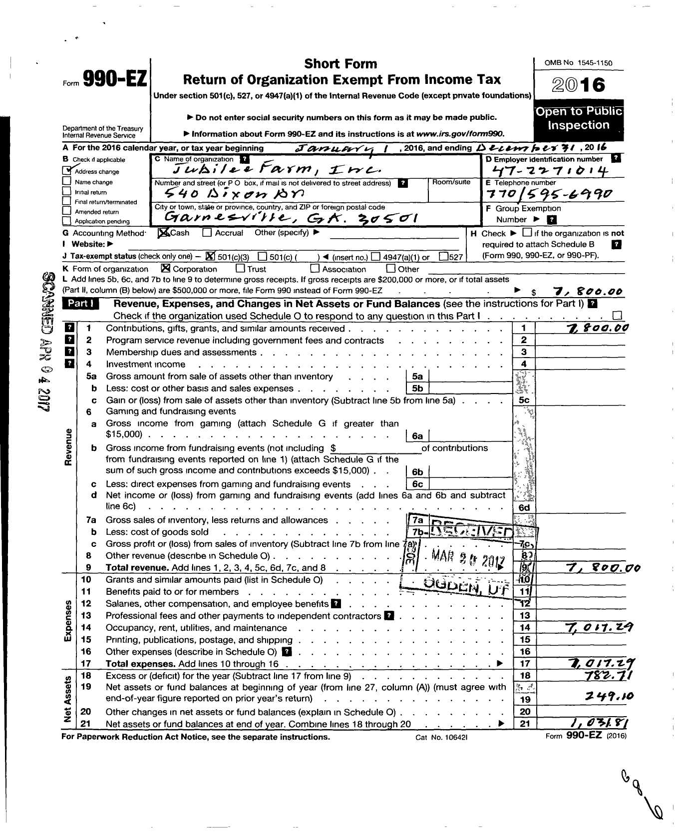 Image of first page of 2016 Form 990EZ for Jubilee Farm