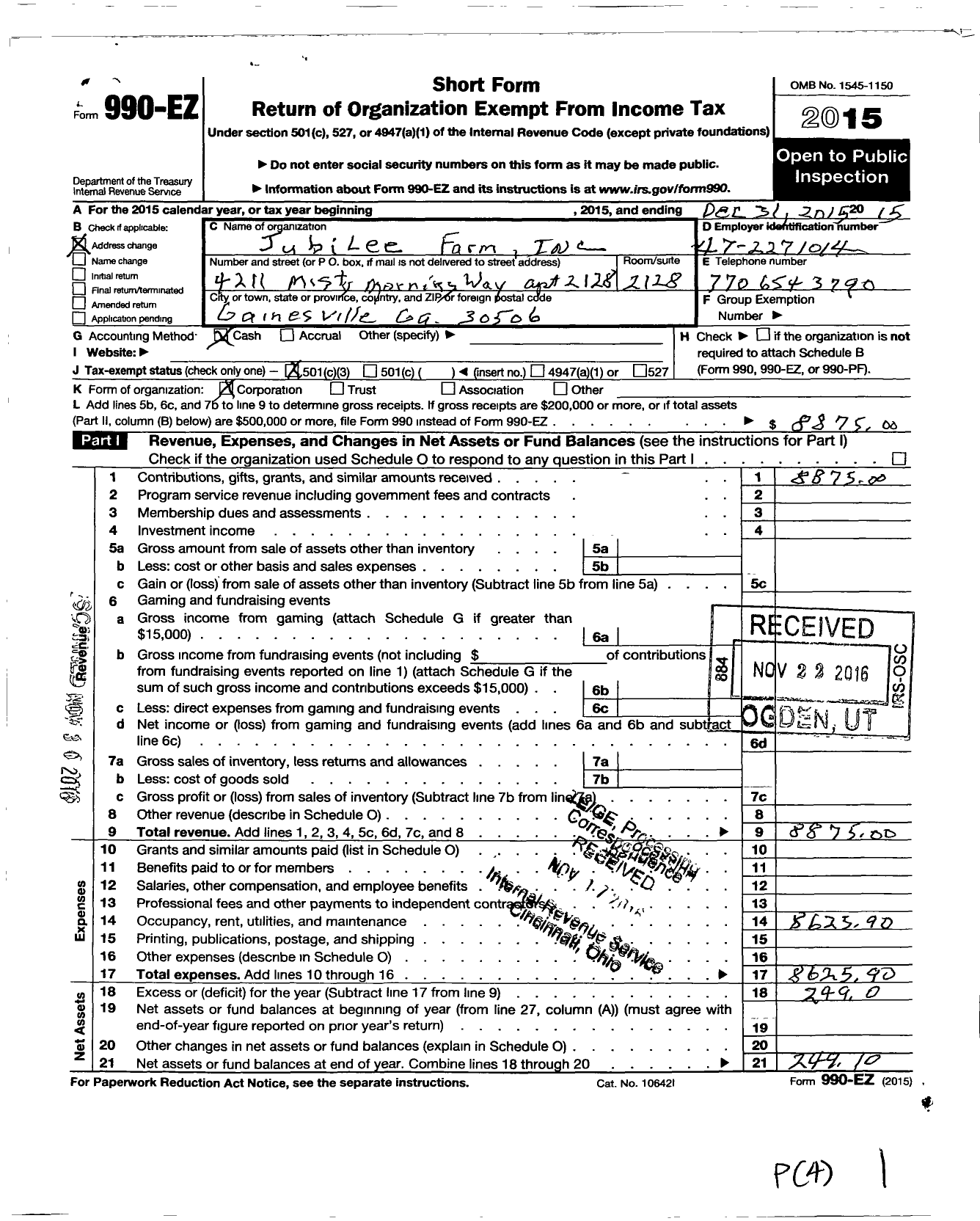 Image of first page of 2015 Form 990EZ for Jubilee Farm