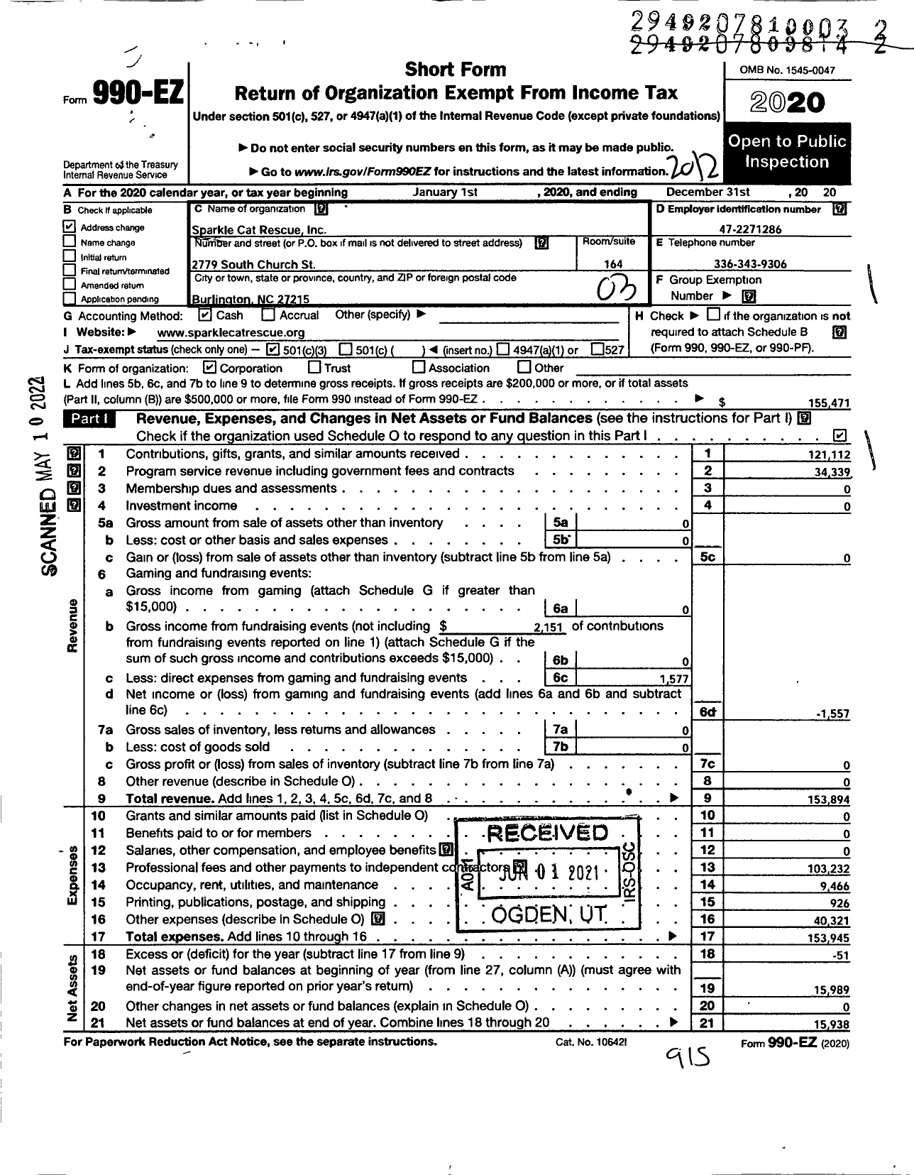 Image of first page of 2020 Form 990EZ for Sparkle Cat Rescue