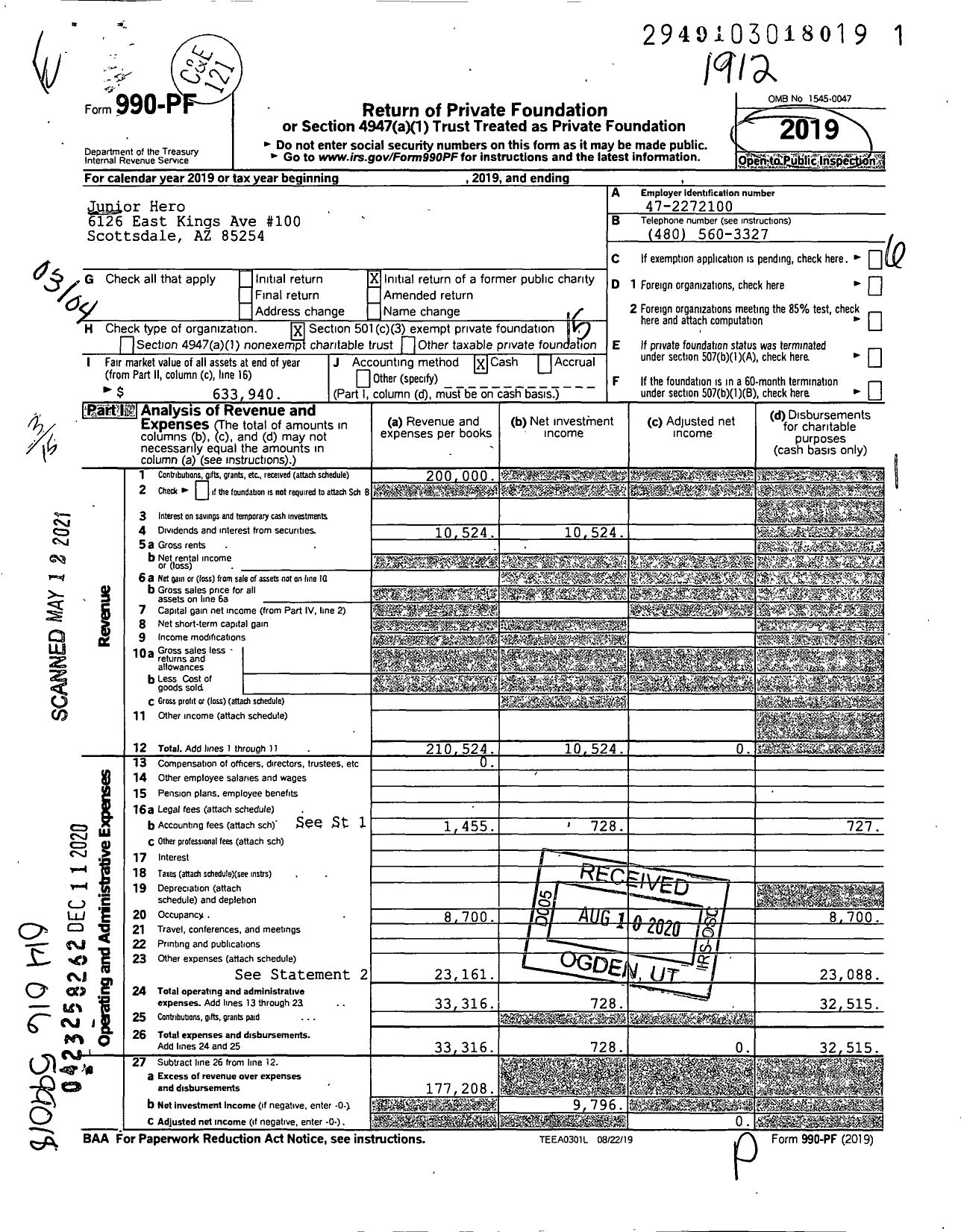 Image of first page of 2019 Form 990PF for Junior Hero