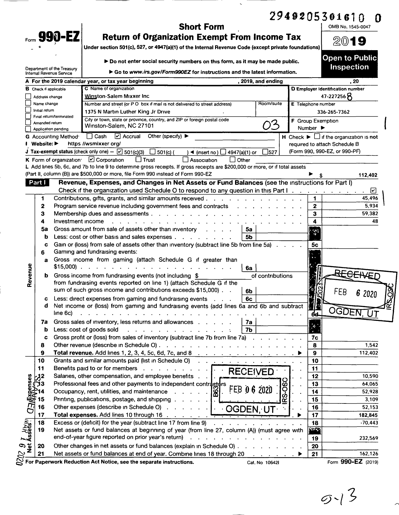 Image of first page of 2019 Form 990EZ for Winston-Salem Mixxer