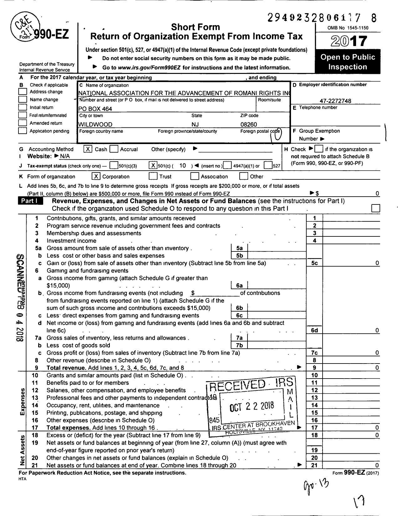 Image of first page of 2017 Form 990EO for National Association for the Advancement of Romani Rights