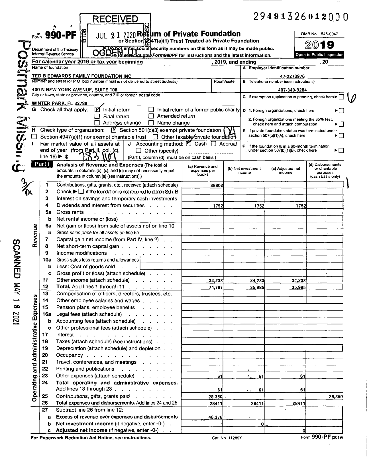 Image of first page of 2019 Form 990PF for TED B EDWARDS Family Foundation