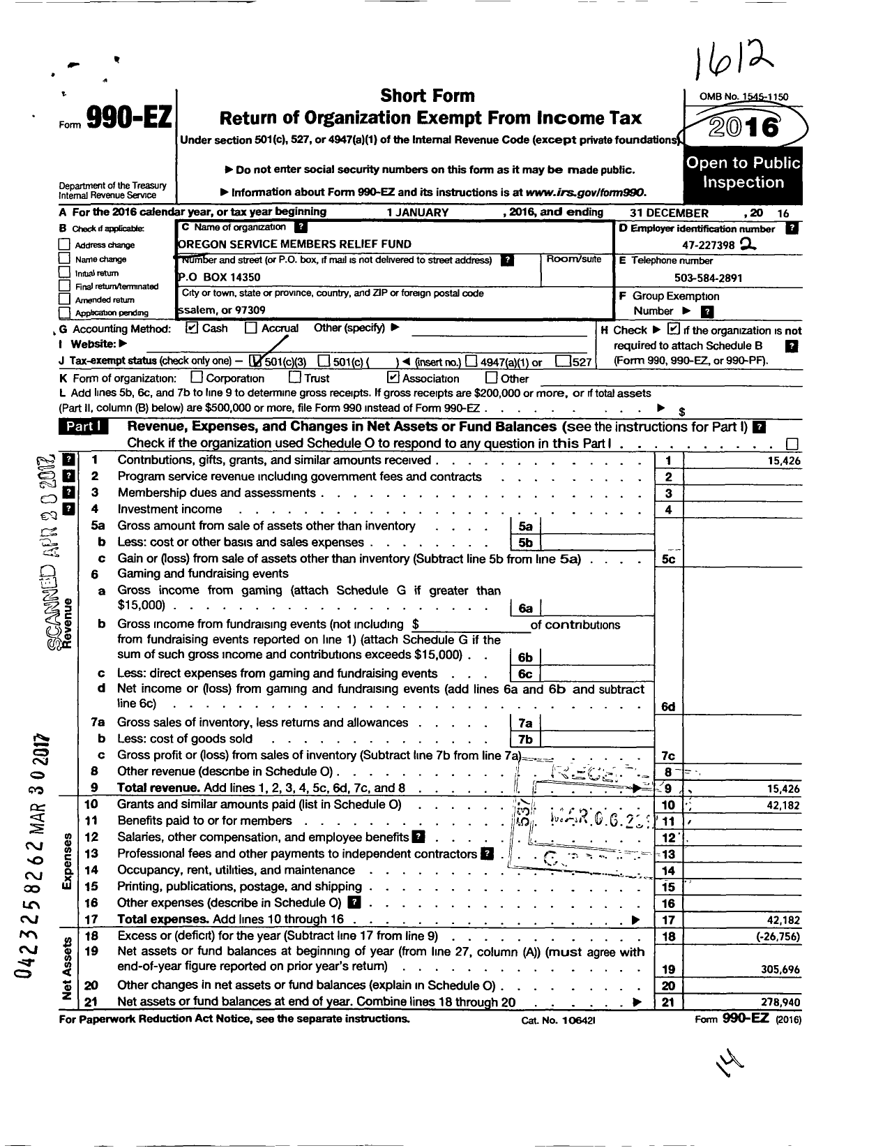 Image of first page of 2016 Form 990EZ for Oregon Service Members Relief Fund