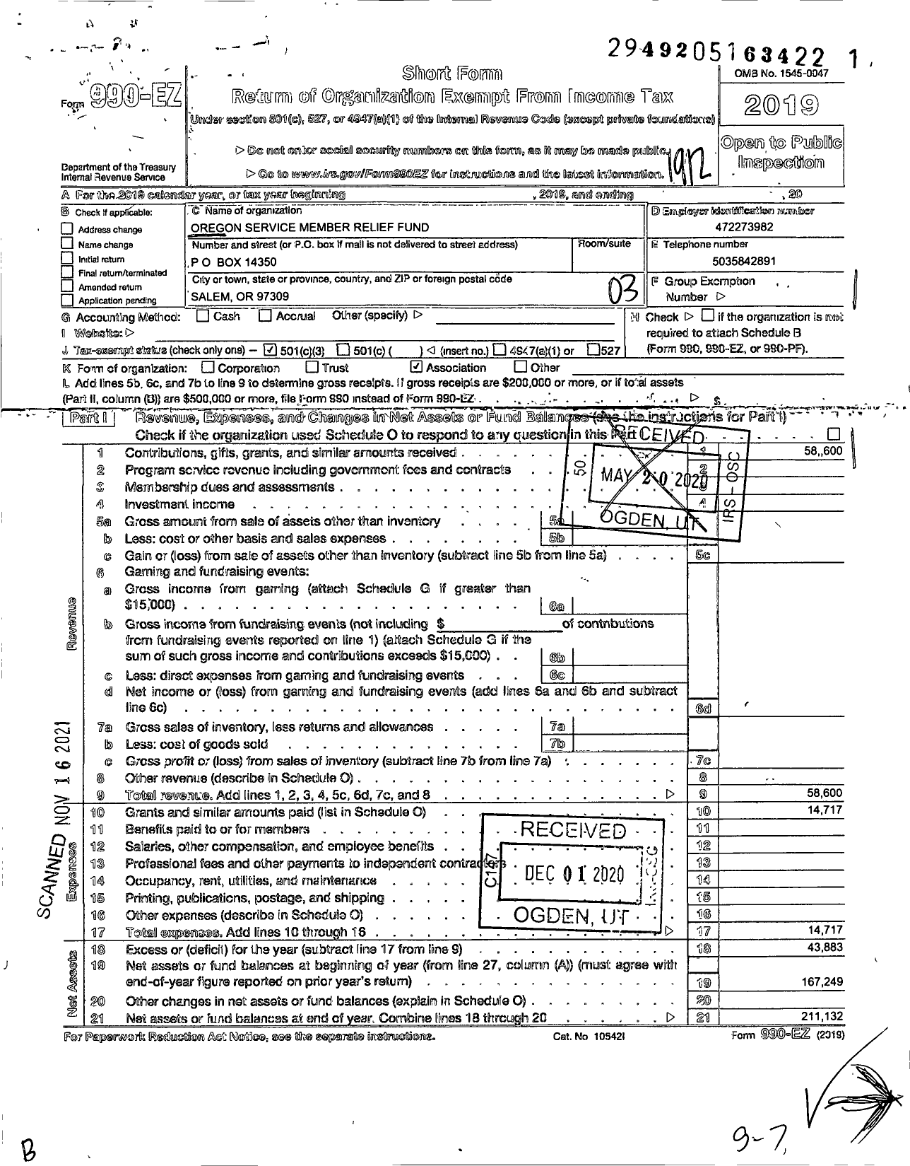 Image of first page of 2019 Form 990EZ for Oregon Service Members Relief Fund