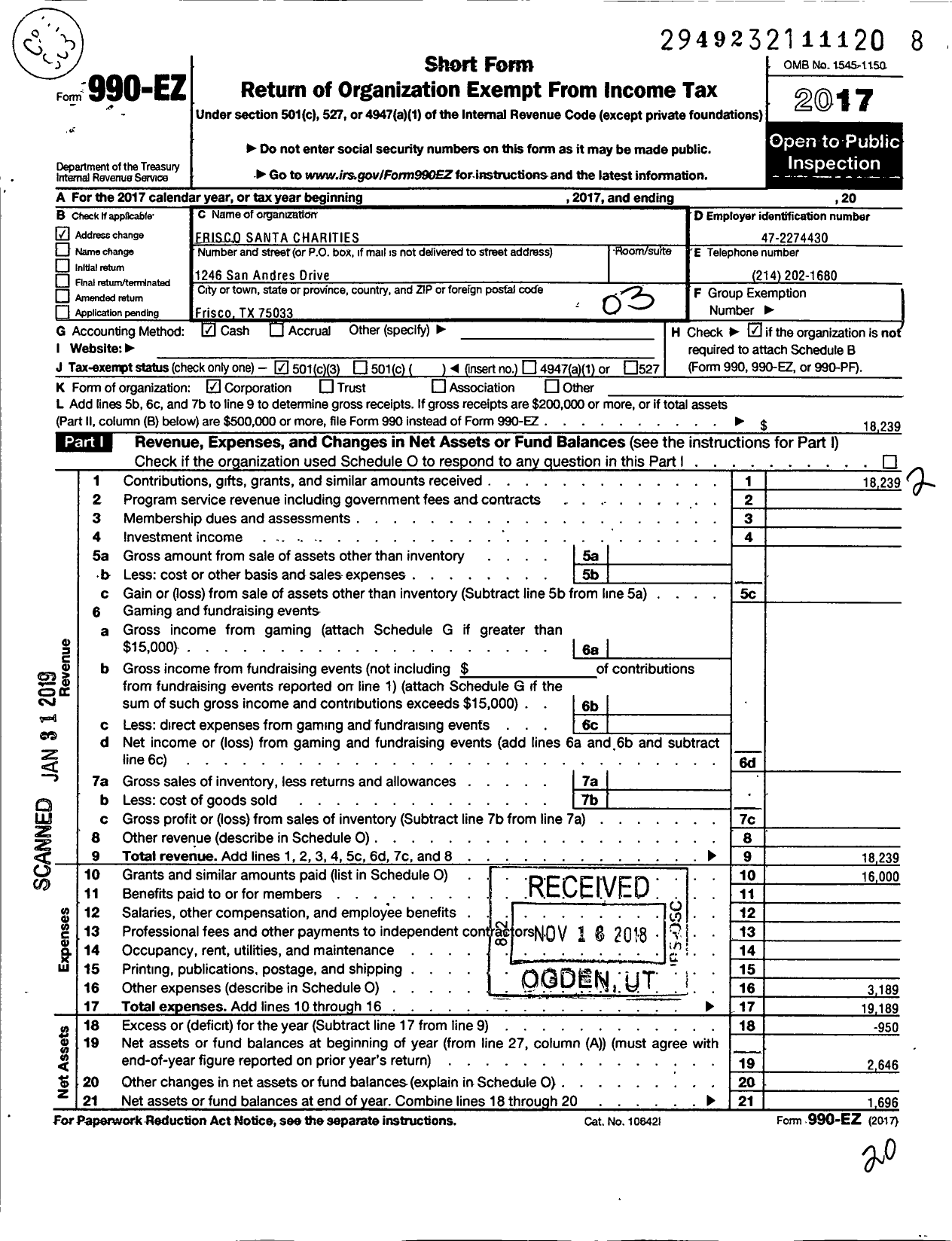 Image of first page of 2017 Form 990EZ for Frisco Santa Charities