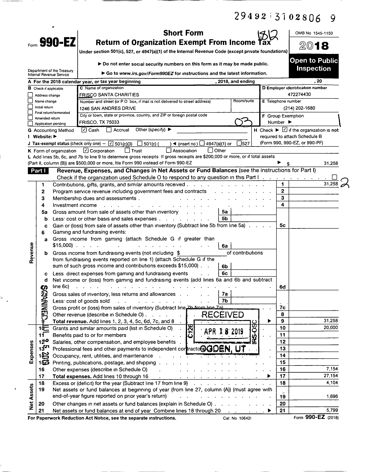 Image of first page of 2018 Form 990EZ for Frisco Santa Charities