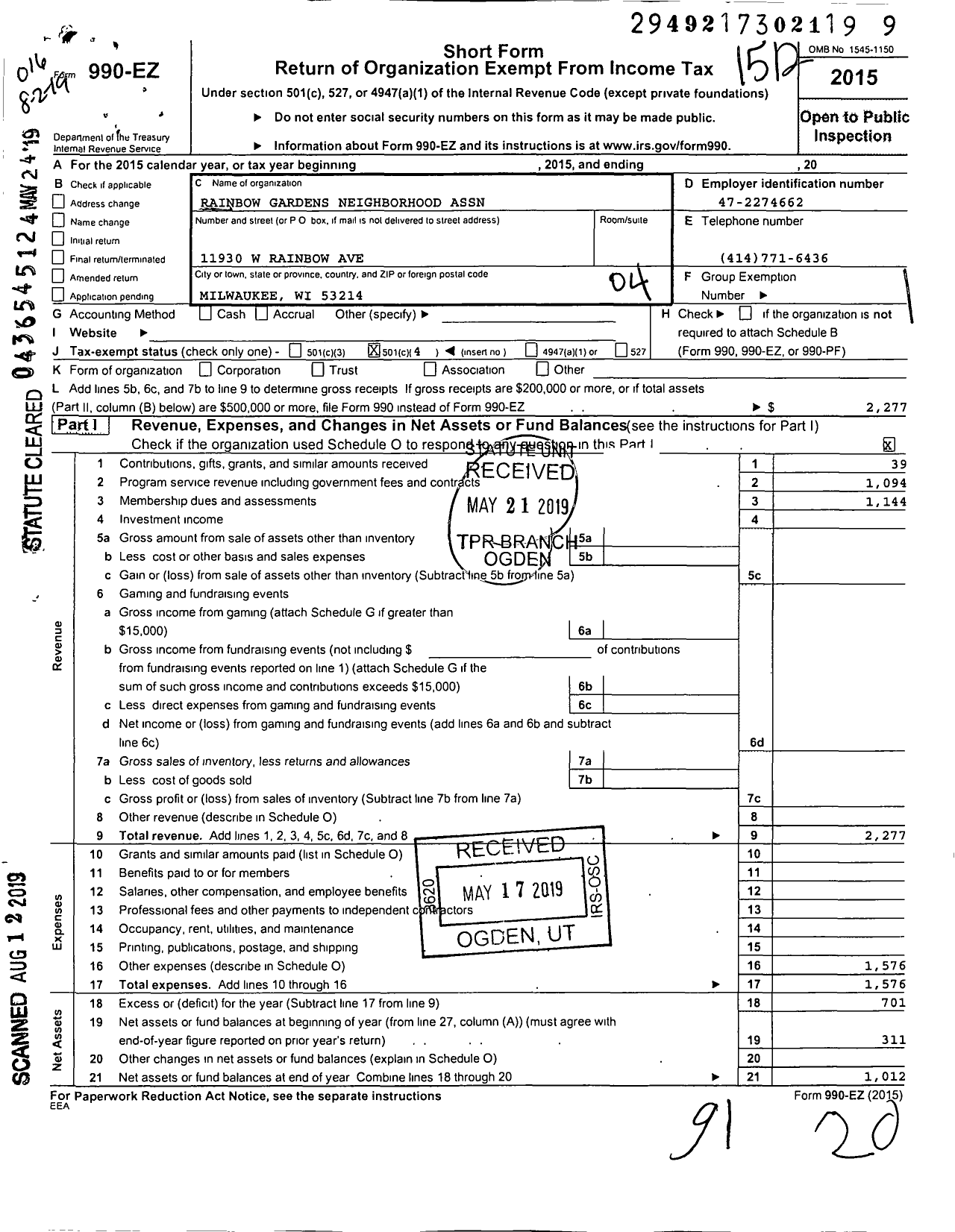 Image of first page of 2015 Form 990EO for Rainbow Gardens Neighborhood Association