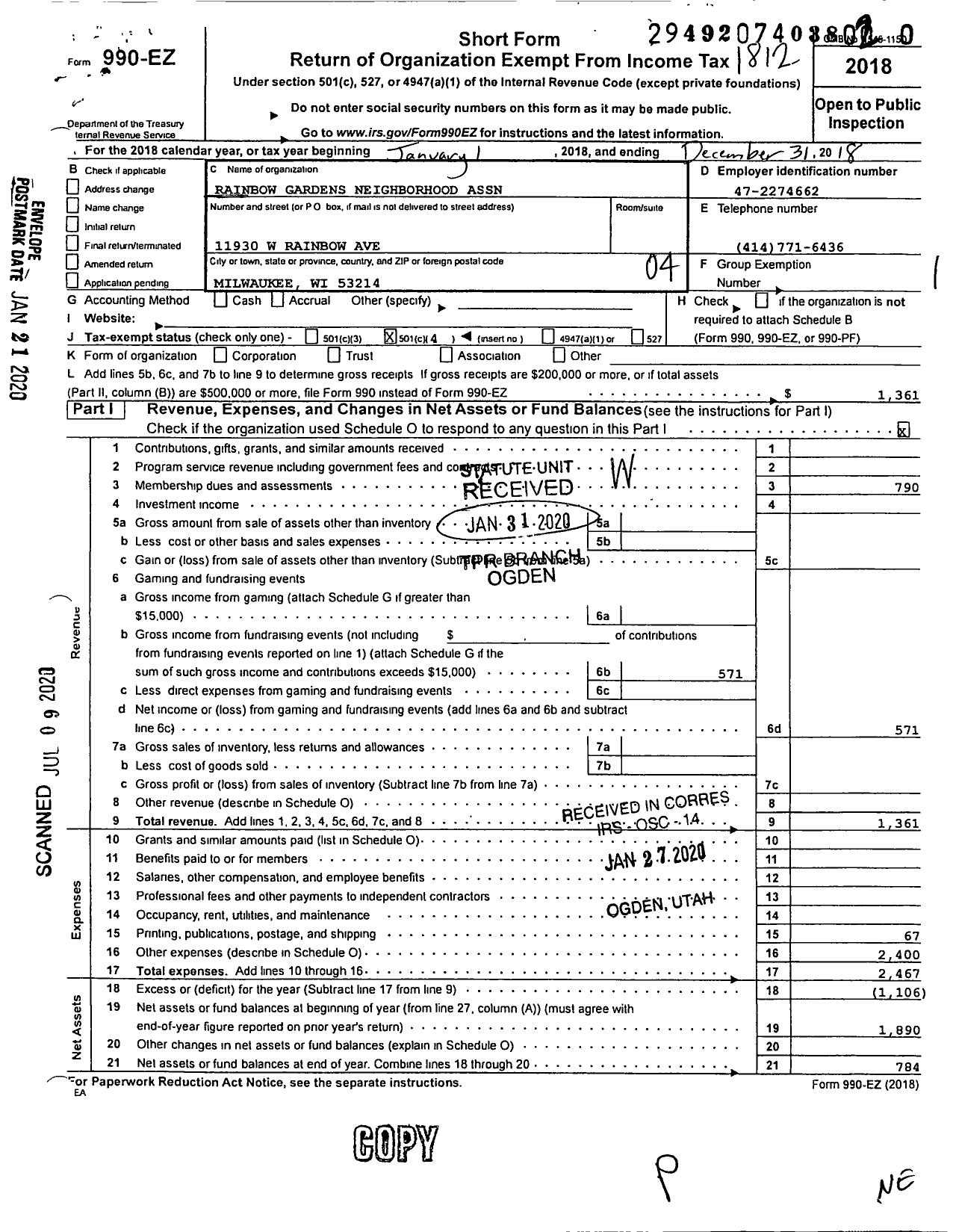 Image of first page of 2018 Form 990EO for Rainbow Gardens Neighborhood Association