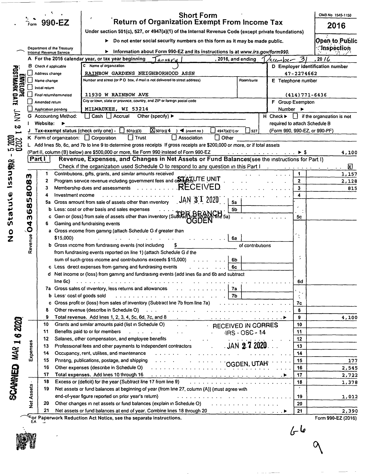 Image of first page of 2016 Form 990EOA for Rainbow Gardens Neighborhood Association