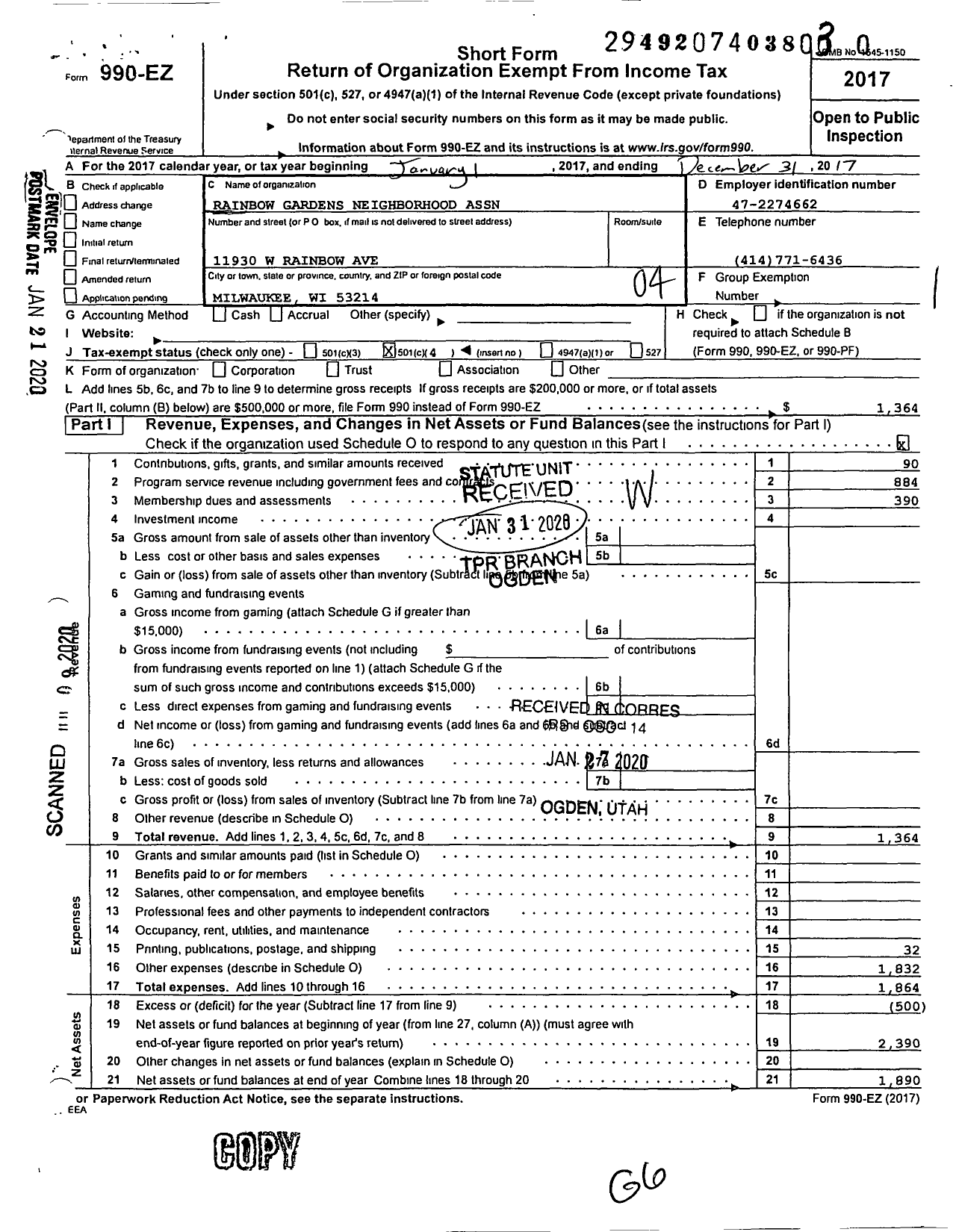 Image of first page of 2017 Form 990EO for Rainbow Gardens Neighborhood Association