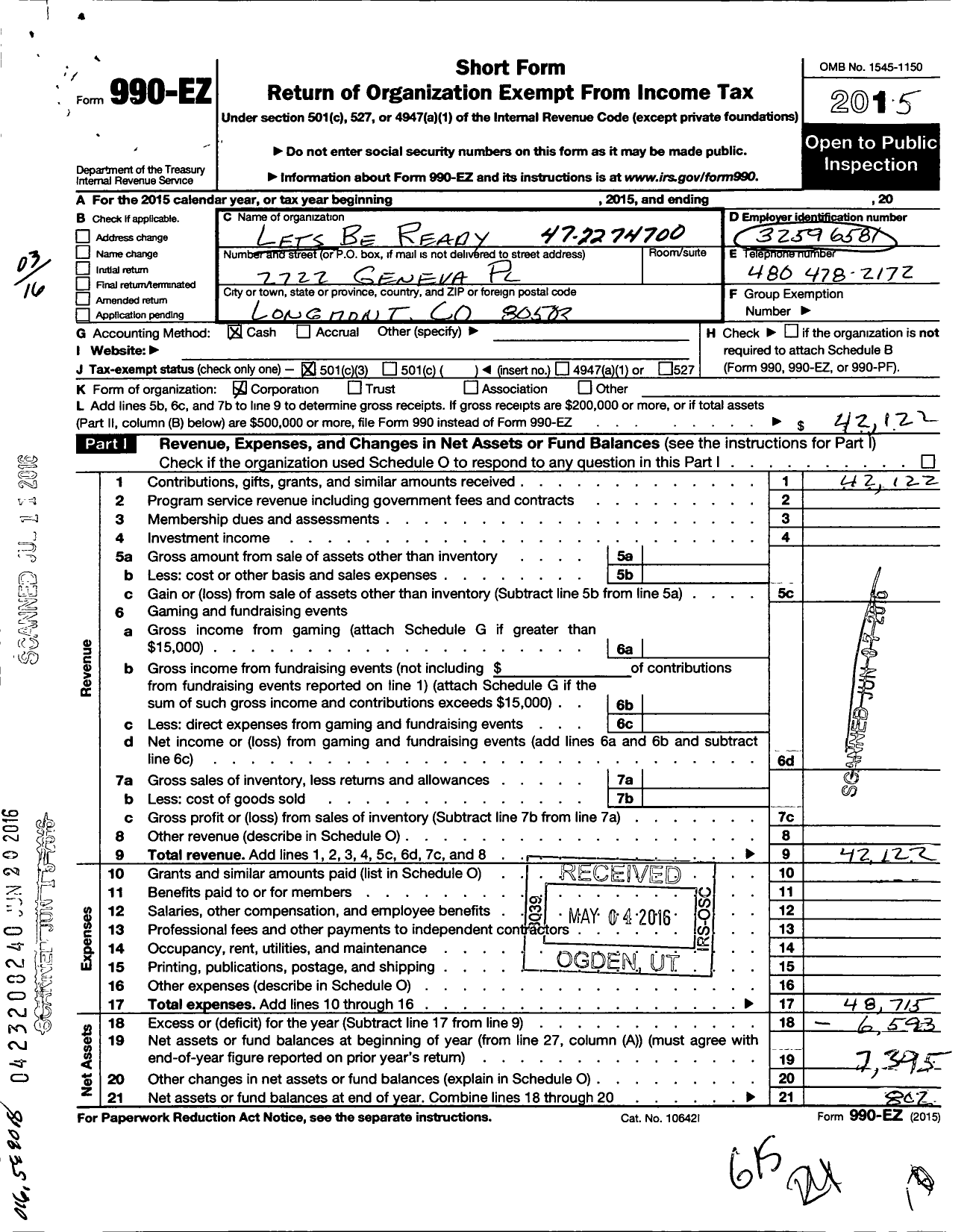 Image of first page of 2015 Form 990EZ for Lets Be Ready