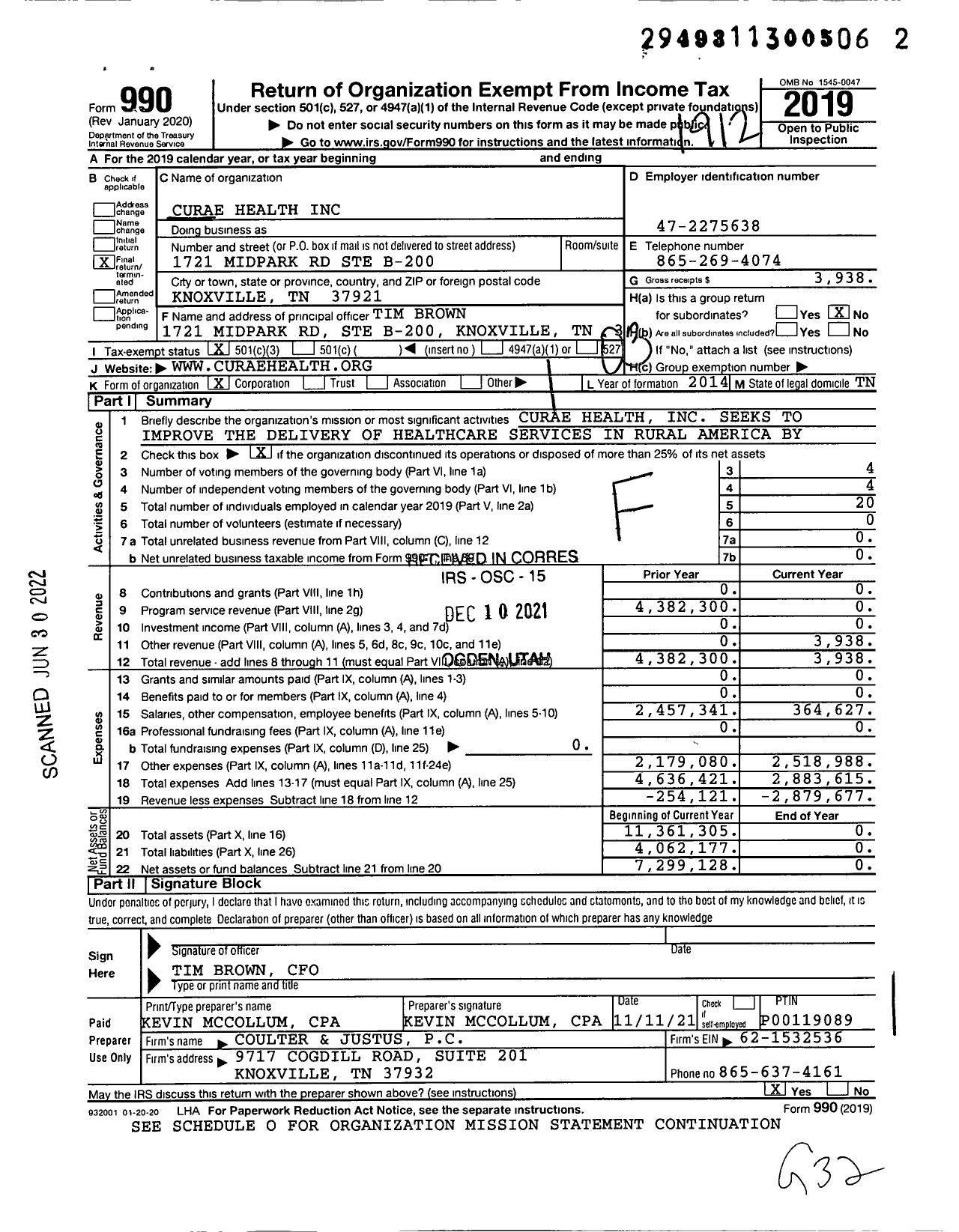 Image of first page of 2019 Form 990 for Curae Health