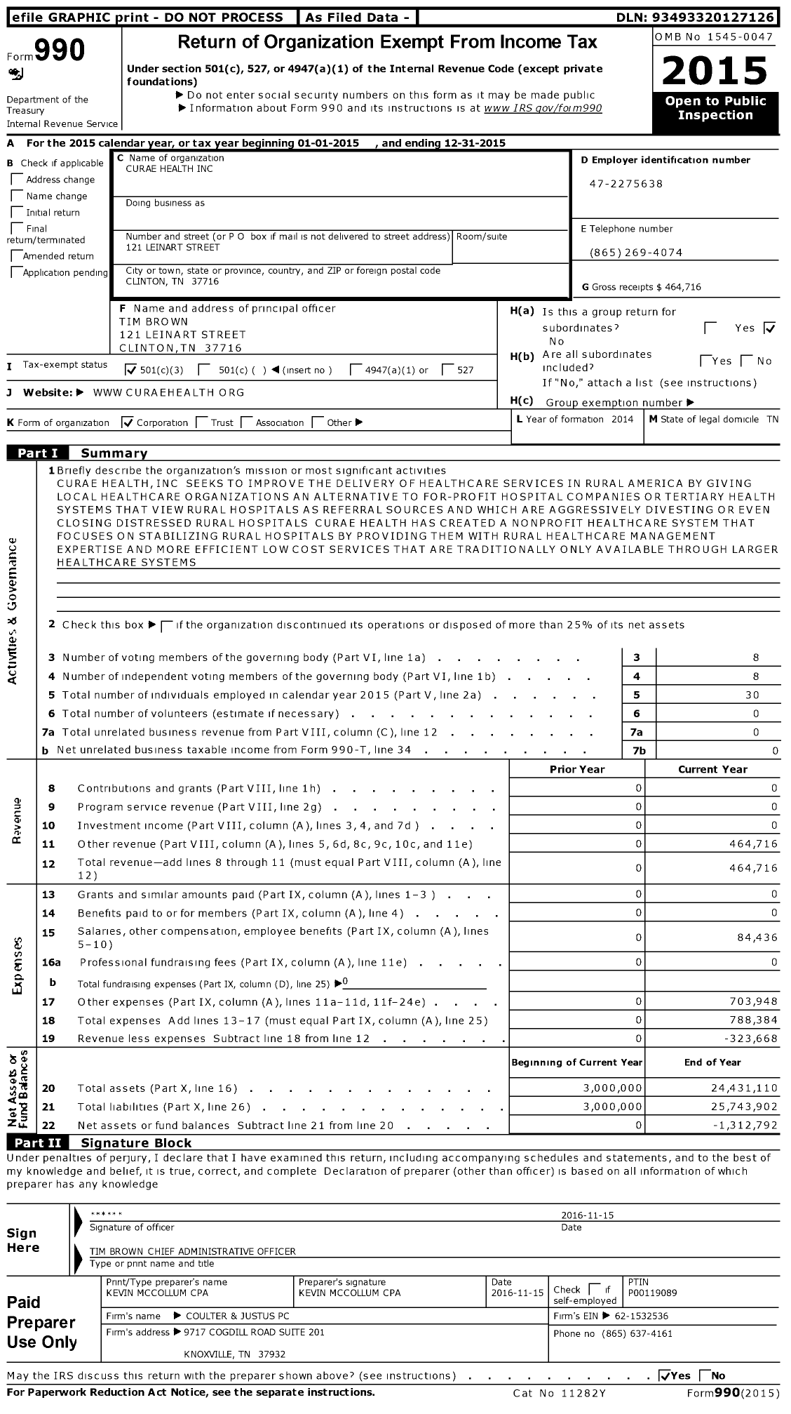 Image of first page of 2015 Form 990 for Curae Health