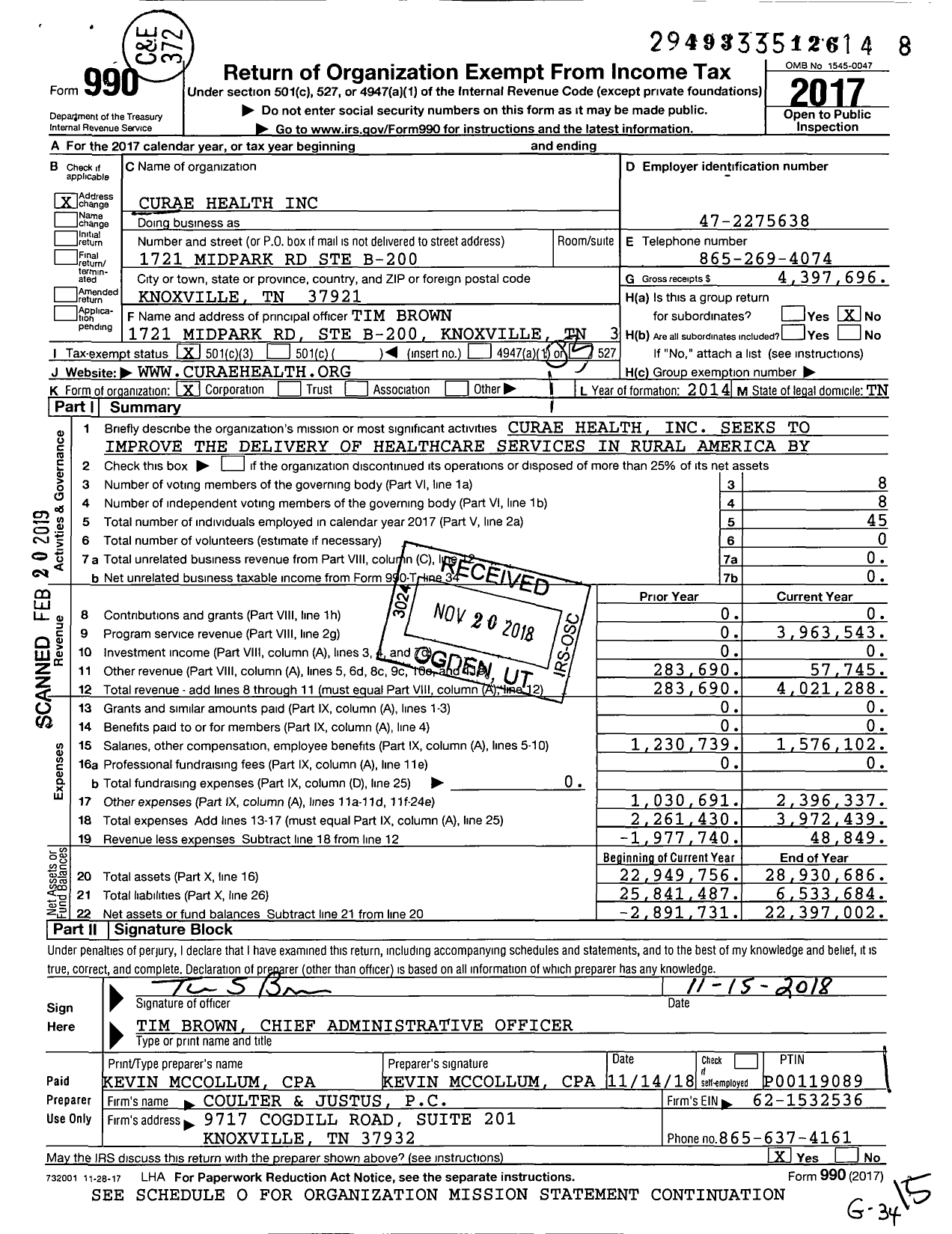 Image of first page of 2017 Form 990 for Curae Health