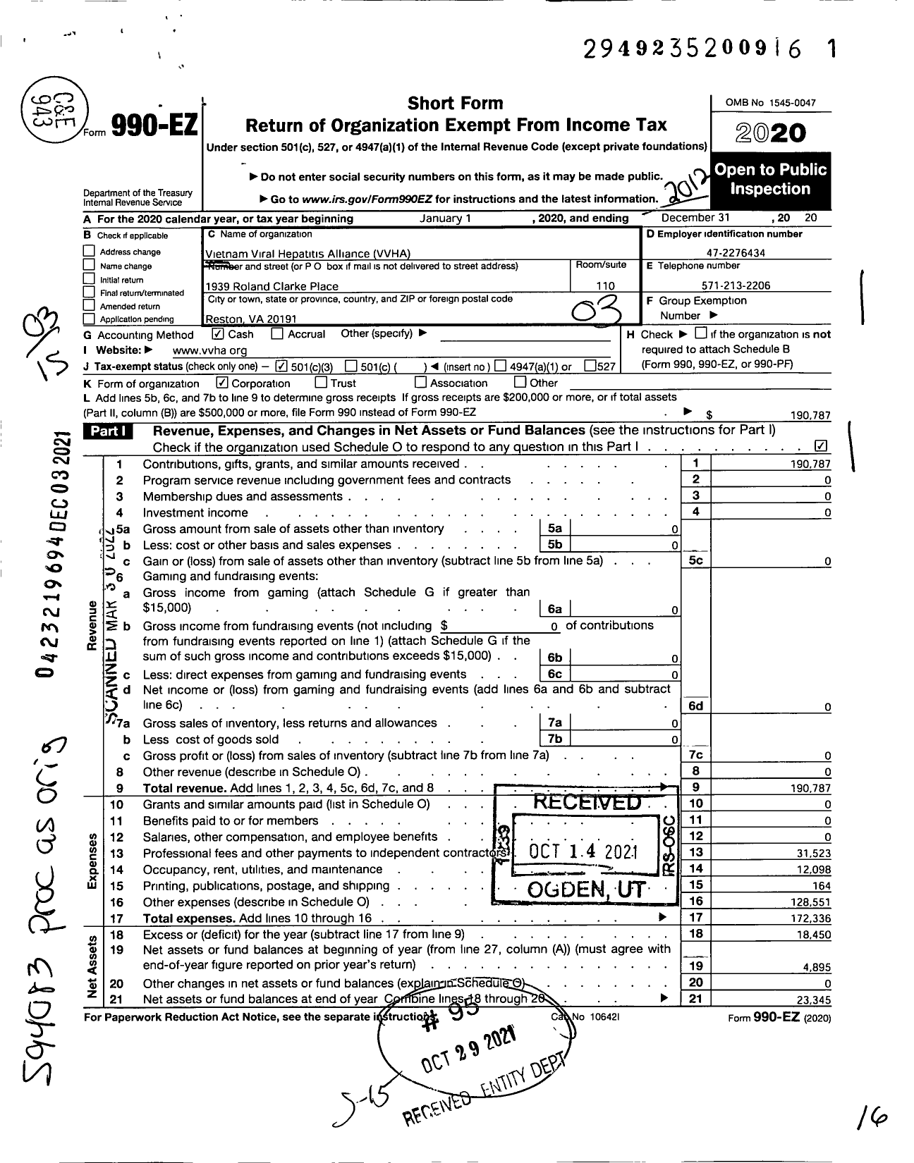 Image of first page of 2020 Form 990EZ for Vietnam Viral Hepatitis Alliance (VVHA)