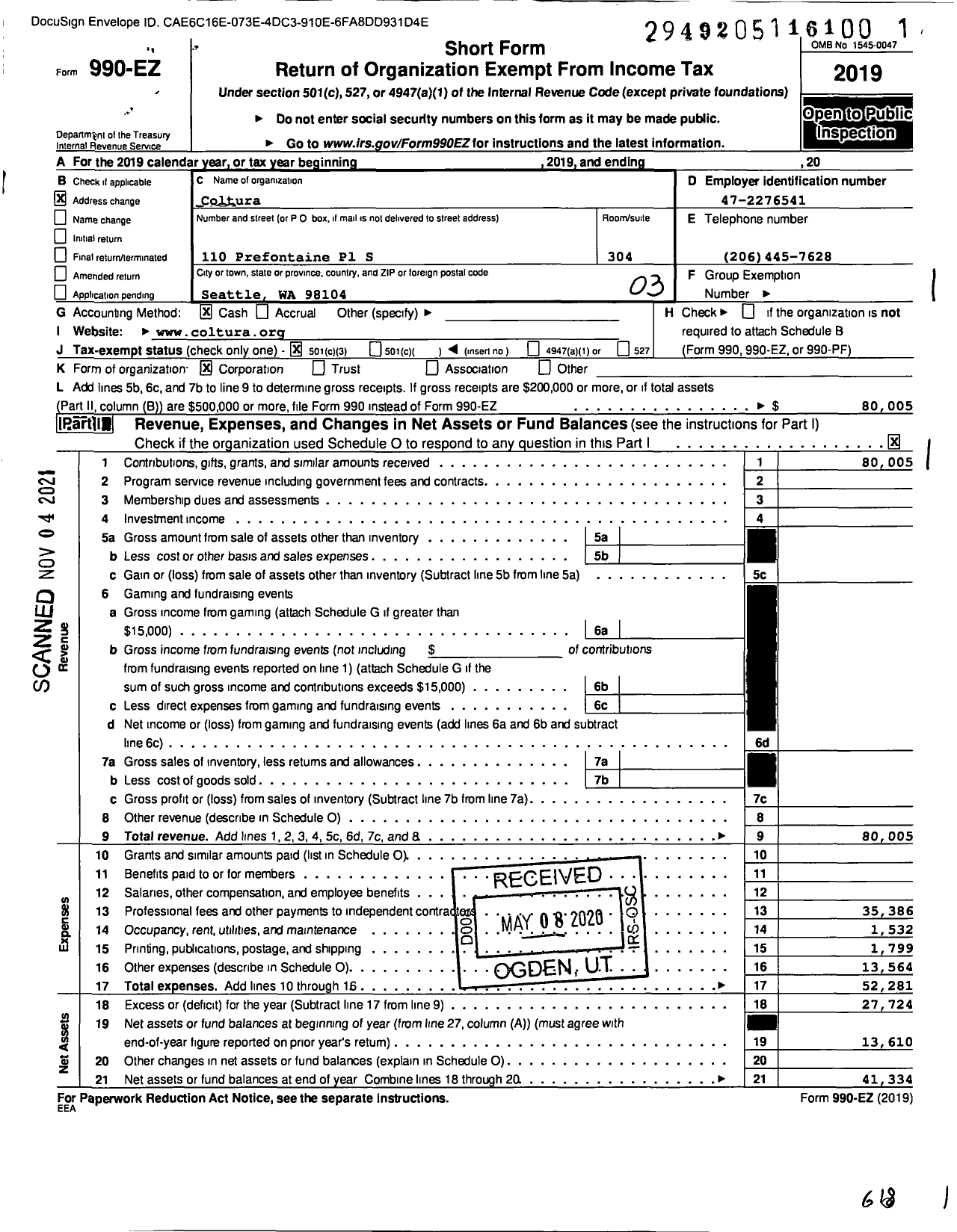 Image of first page of 2019 Form 990EZ for Coltura