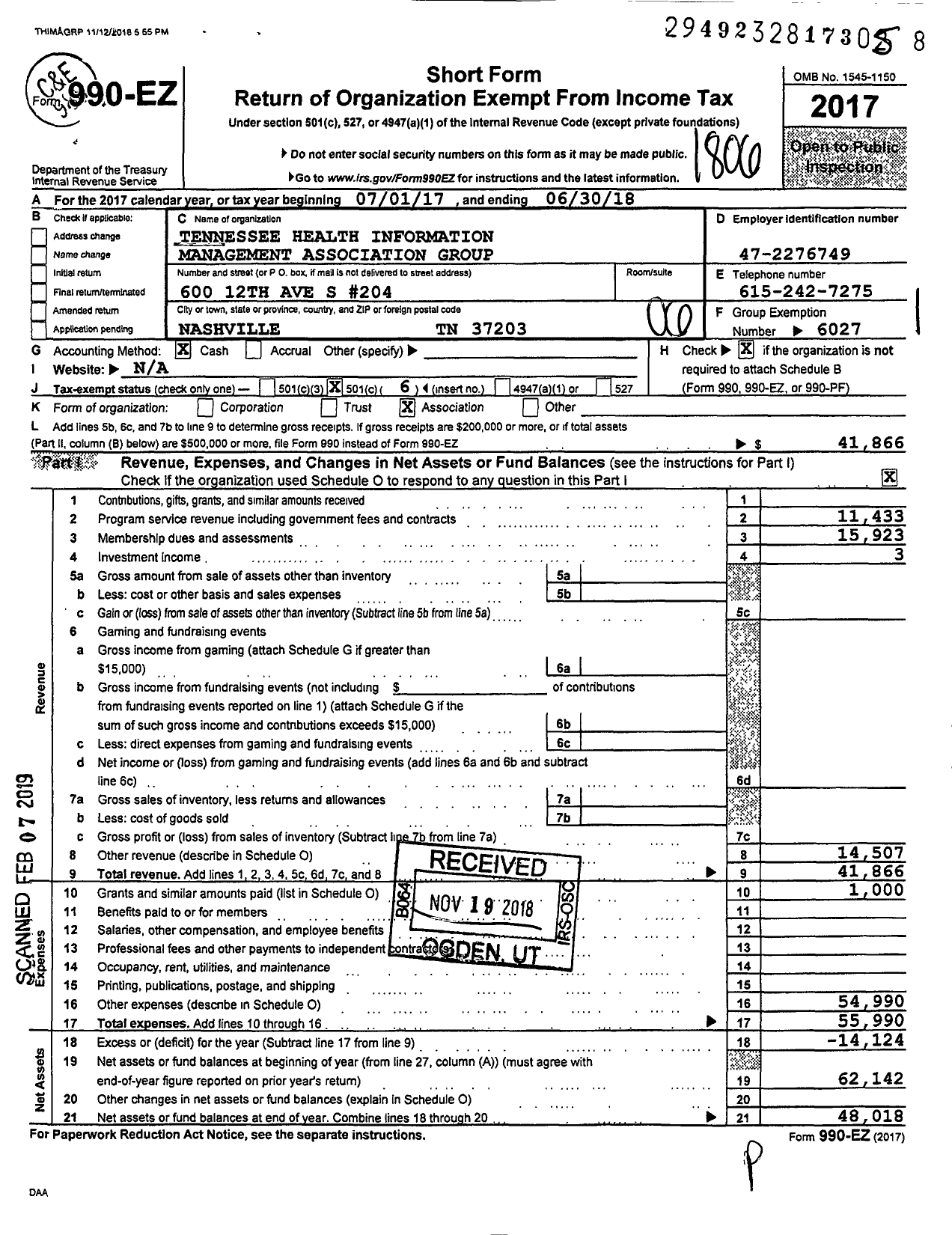 Image of first page of 2017 Form 990EO for Tennessee Health Information Management Association Group